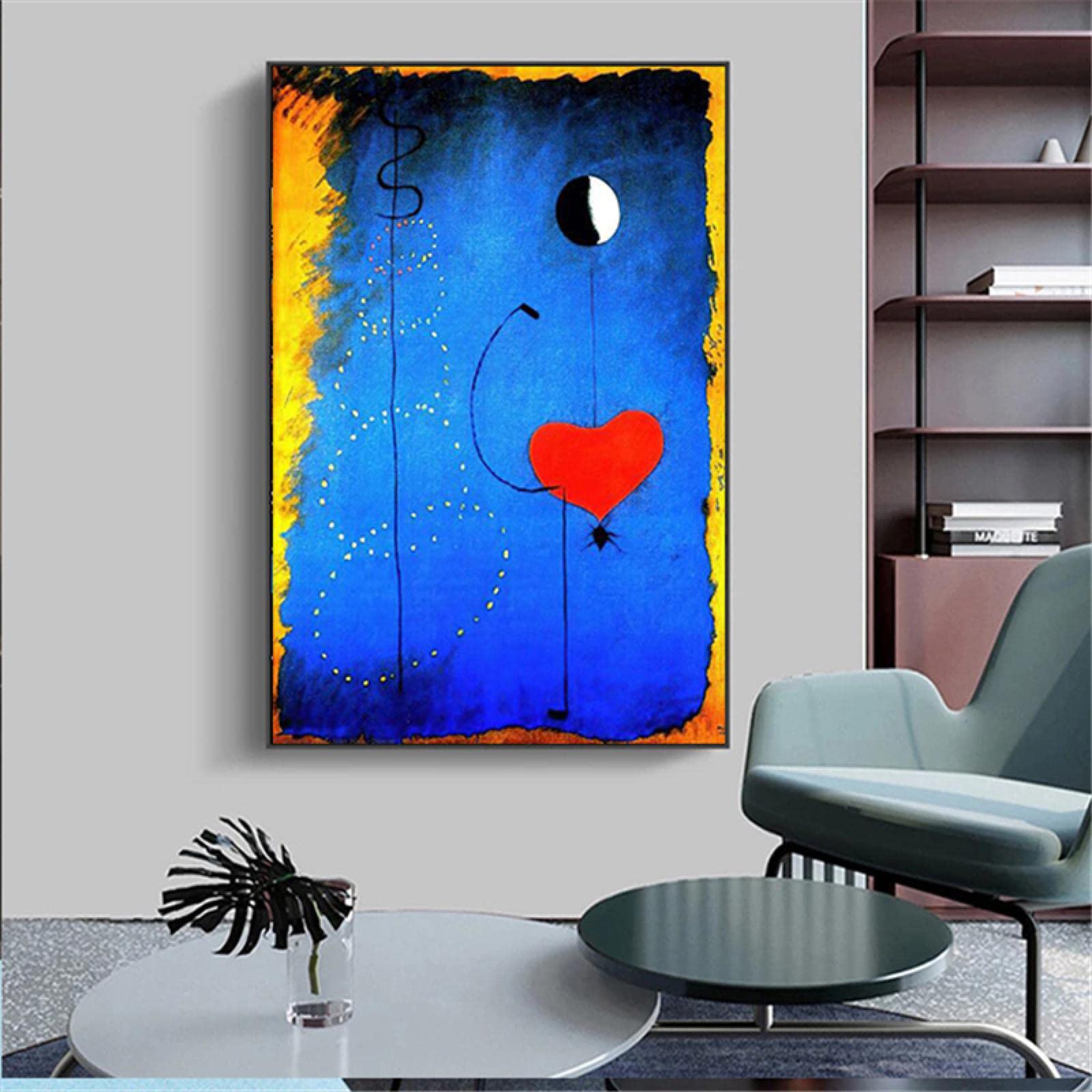 Stampa artistica su tela con cuori e ballerini Joan Miro Astratto Quadro da parete blu Soggiorno Decorazione della casa Poster 50 x 70 cm Cornice interna