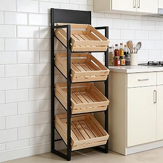 Scaffale Frutta E Verdura 4 Livelli In Legno Massello, Grande Carrello Cucina Per Snack, Porta Prodotti Per Cipolle E Patate(Beige)