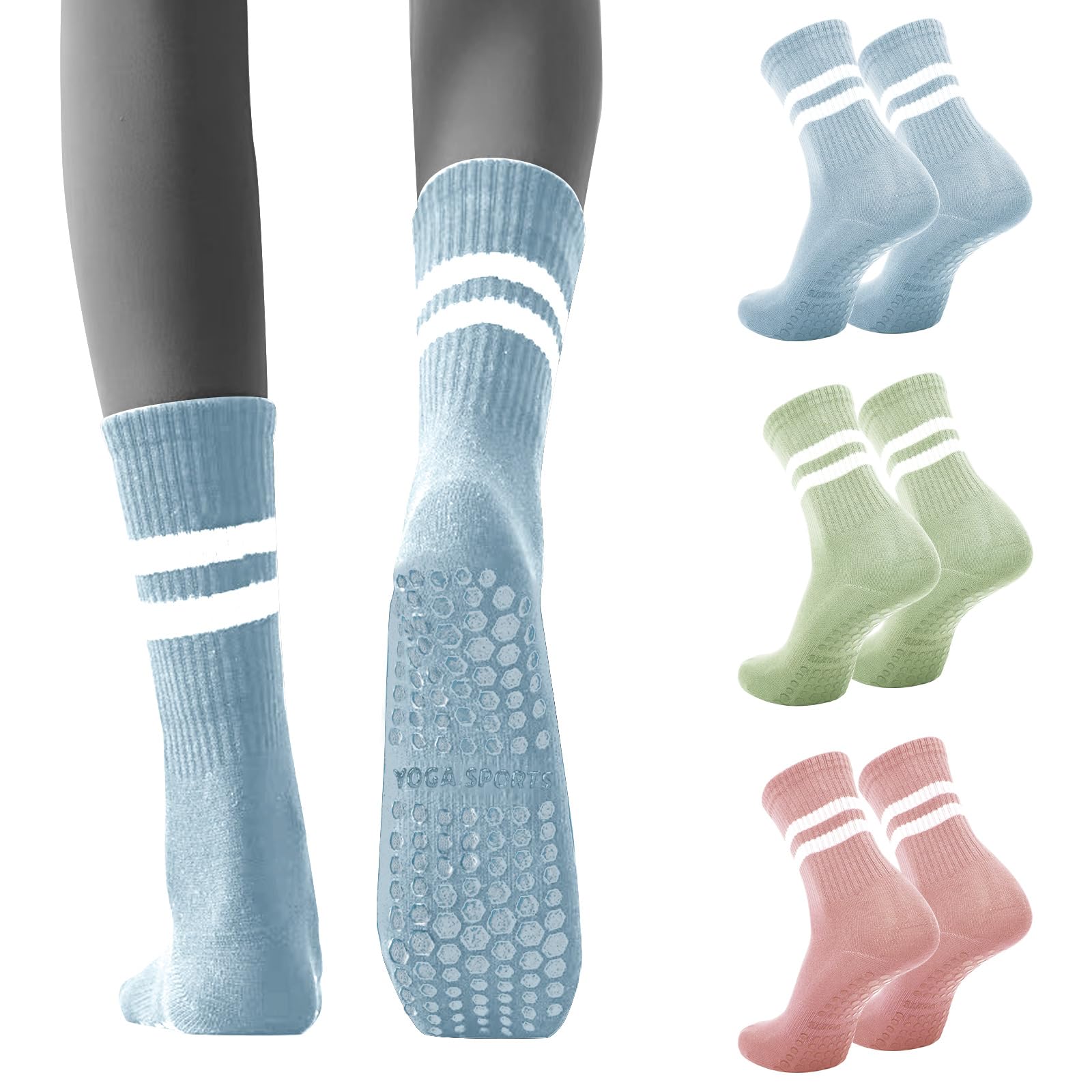 Risipu 3 Pairs Pilates Socks With Grips for Women,Cute Non Slip Crew Grippy Yoga Socks Grippy Sticky for Hospital Dance Barre Workout (UK, Alpha, One Size, Regular, Regular, Blue+Green+Pink)