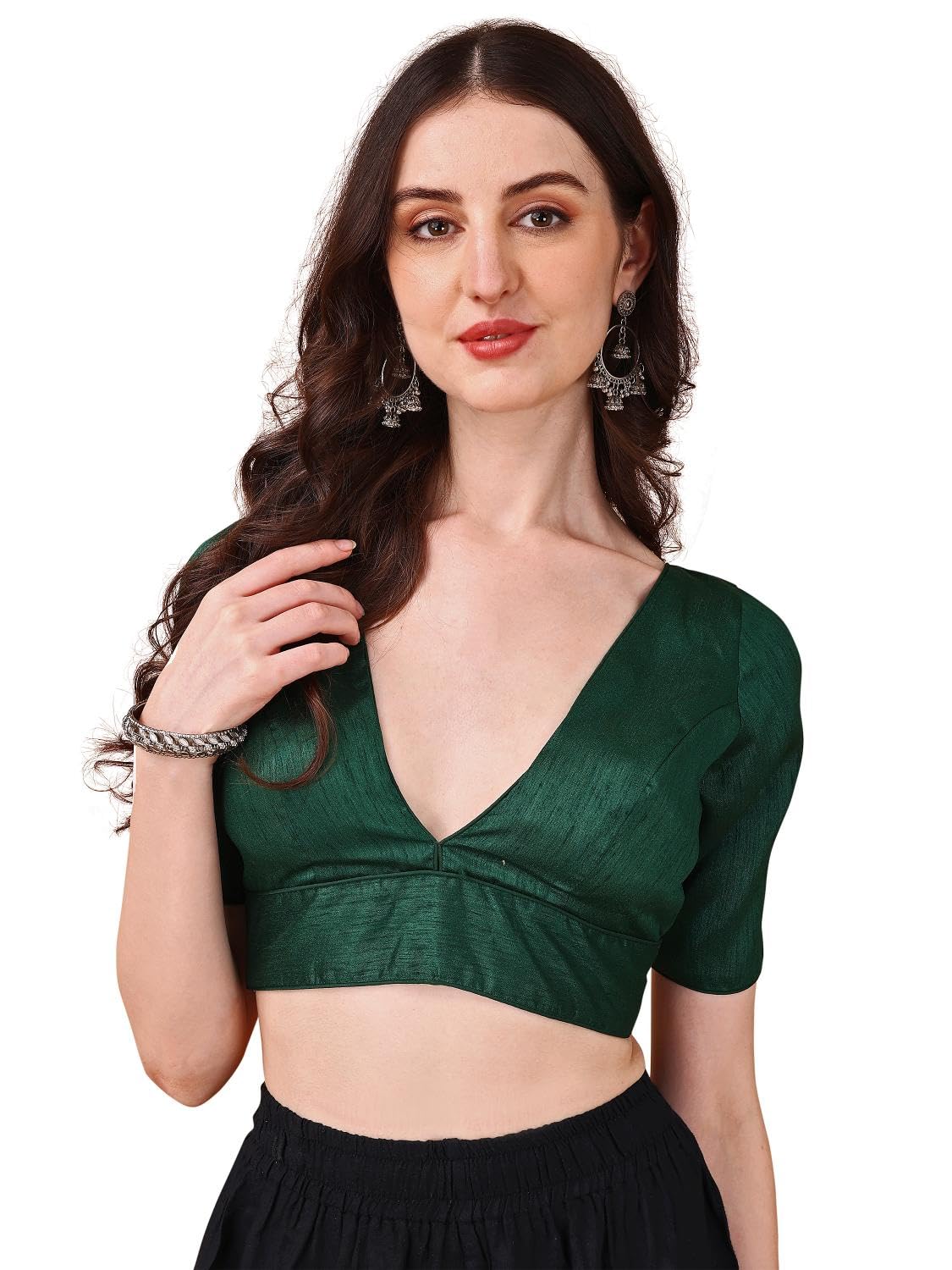 Womanista Silk Women's Dupion Solid Short Sleeve Regular Fit V Neck Blouse (Bl_67_Green Large)