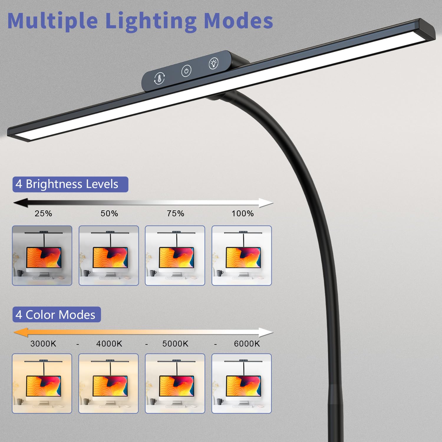 KableRika Lampada LED Regolabile – Luce diurna senza sfarfallio, protezione occhi, 4 temp + 4 livelli luminosità, collo flessibile – Per smart working, lettura, schermo – Nero