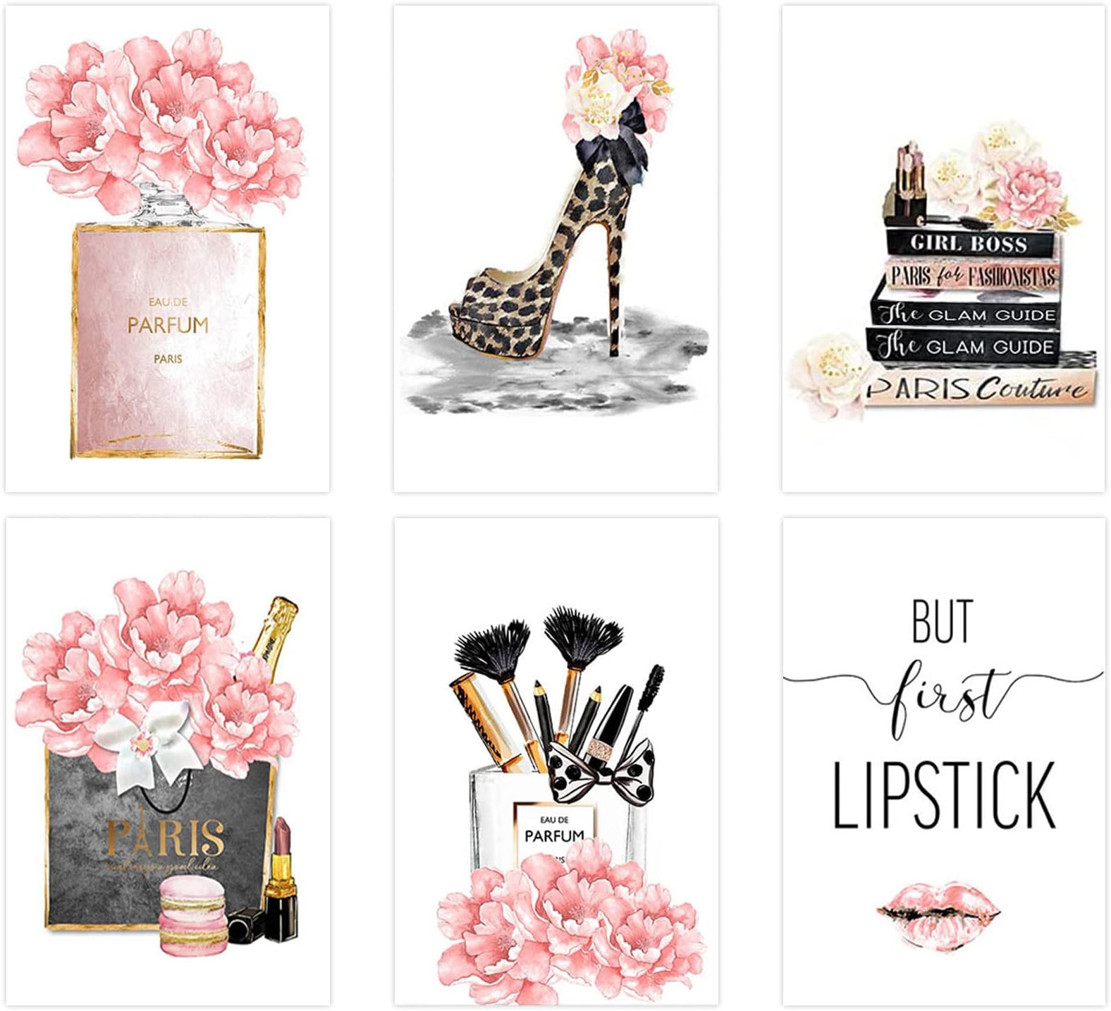 KALYLOC 6PCS Unframed Fashion Women Canvas Wall Art Prints, Pink Flower Perfume Makeup Brush High Heels Handbags Pictures Paintings, Art Decorations for Living Room Bedroom Office (8''x12'')