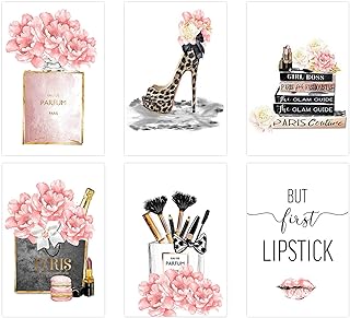 KALYLOC 6Pcs Pink Fashion Canvas Wall Art Prints, Pink Flower Perfume Handbags Pictures Paintings, Art Decorations for Liv...