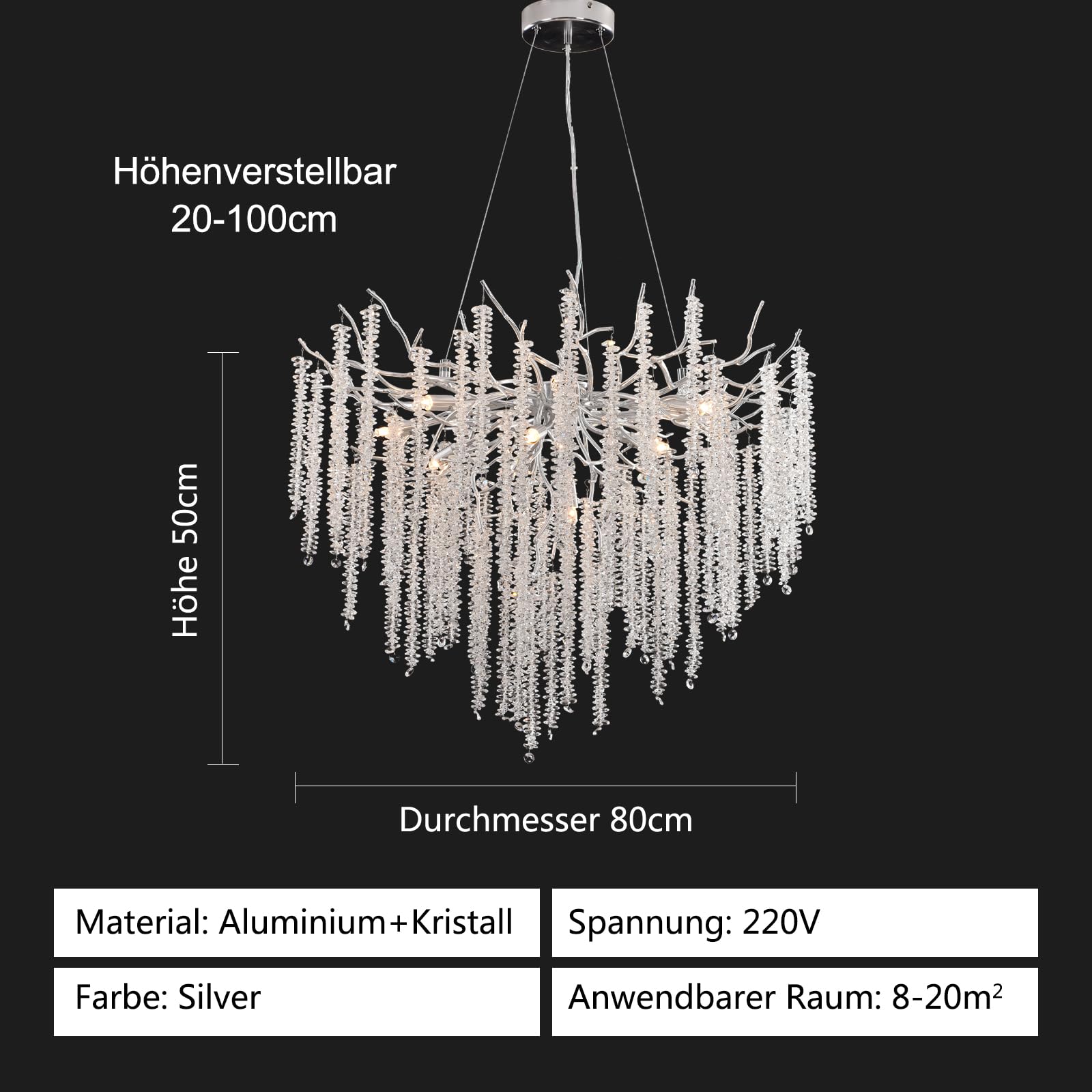 AHXIAOZN Lámpara de Araña de Cristal Moderna, Redonda Colgante Iluminación, K9 Lámpara Con Cadena Ajustable Para Dormitorio, Salón, Comedor, Restaurante (Plata, G9*12, 80cm)