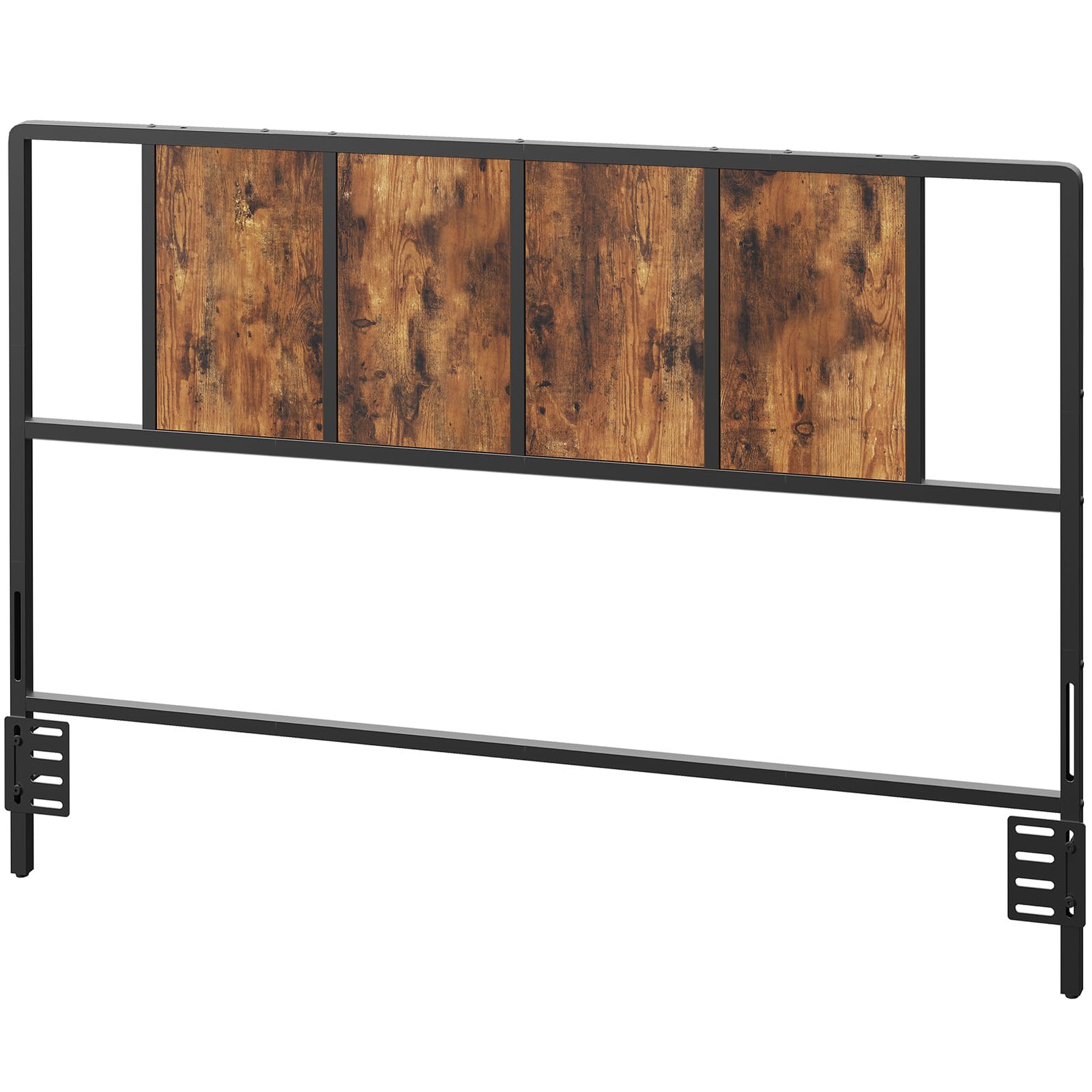 Cabecera tamaño Queen solamente, cabecera de metal con adaptadores, estilo industrial minimalista para camas tamaño Queen, marrón rústico y negro