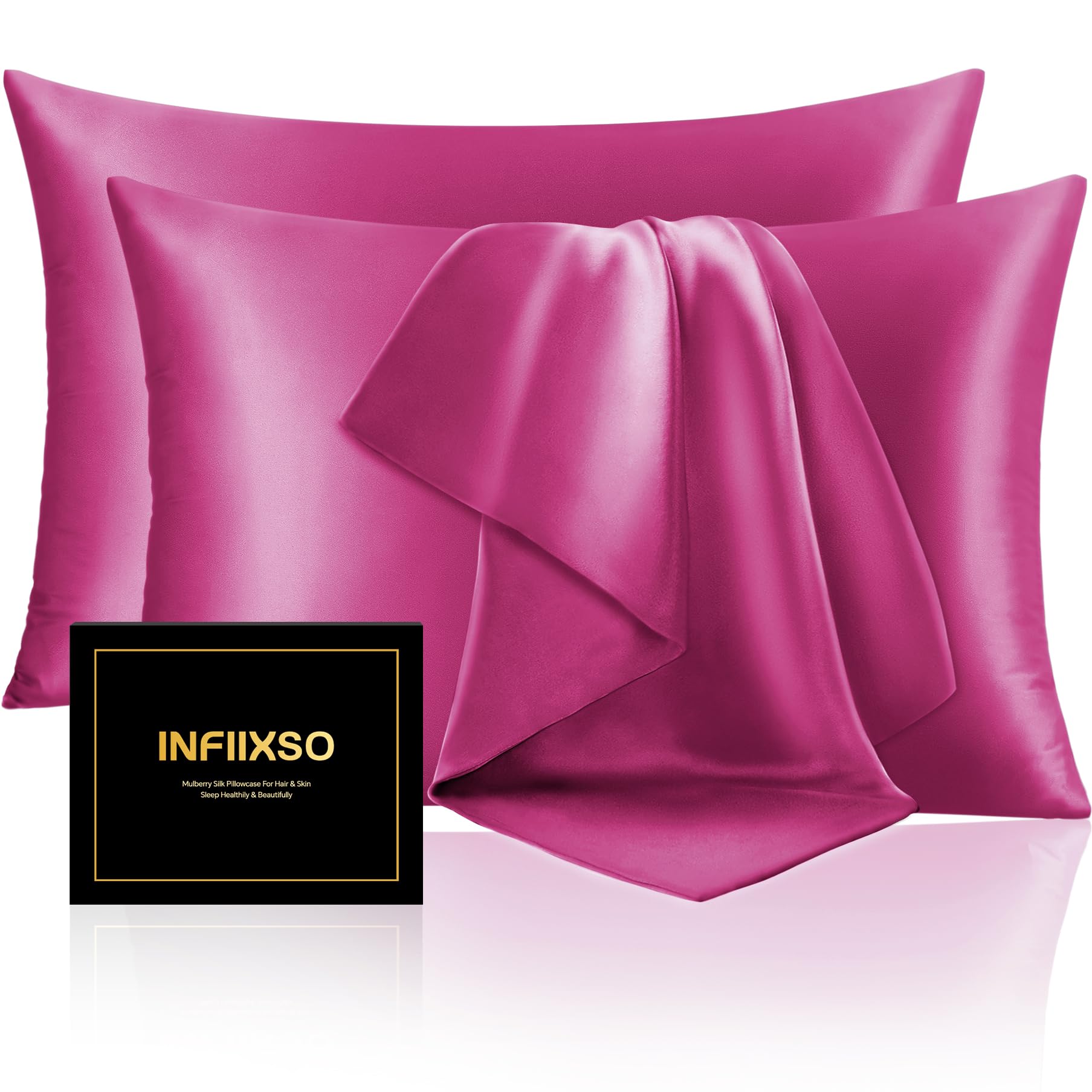 Infiixso Women's Hot Pink Mulberry Silk Pillowcase For Hair And Skin, Silk Pillow Cases Queen Size Set Of 2 With Hidden Zipper 20"X30", Ultra Smooth And Soft Cooling Pillow Cases For Hot Sleepers(, 2 Pack)