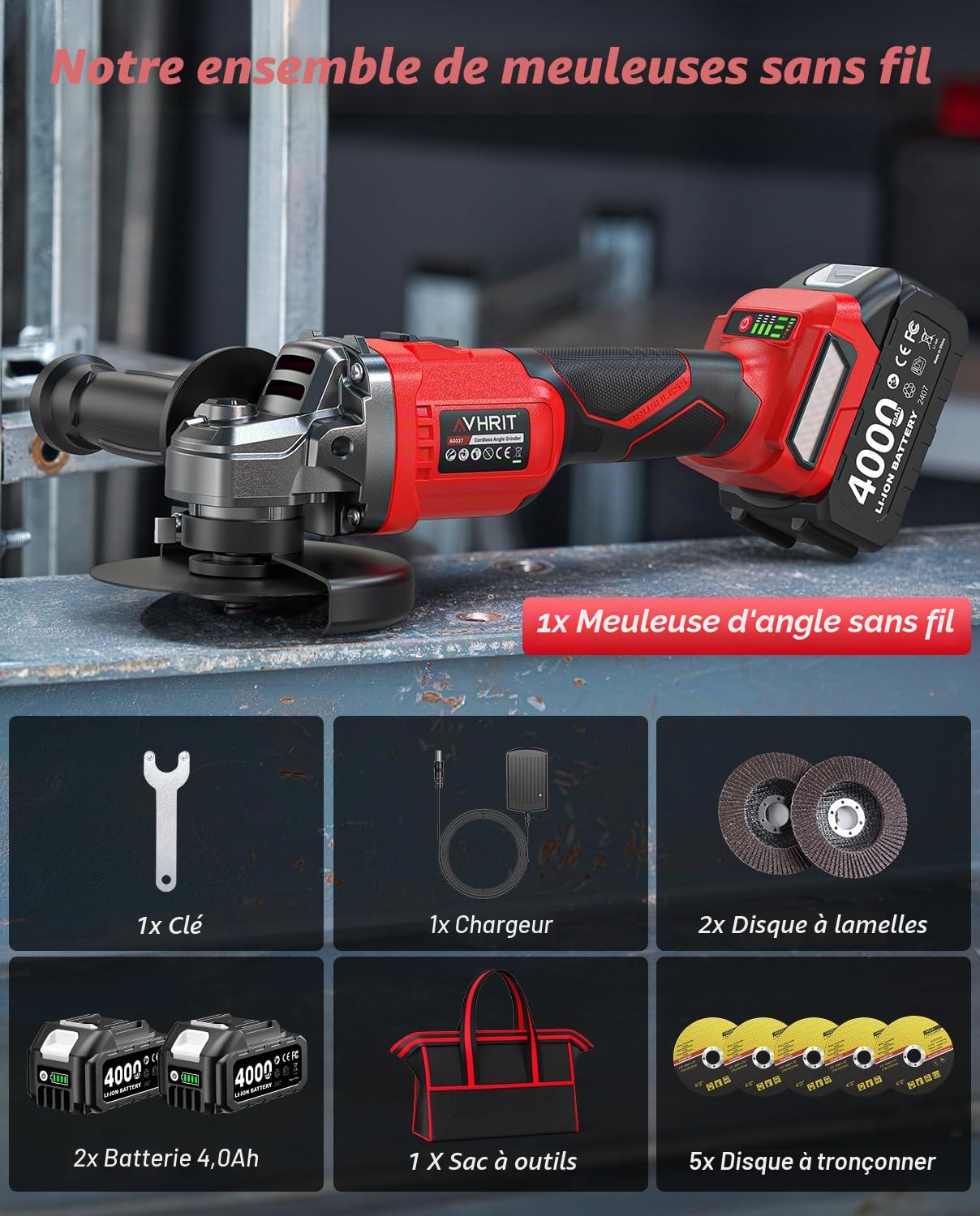 Meuleuse d'angle sans fil 21 V, 10 000RPM Disqueuse Sans Fil, 2x Batteries 4.0Ah, moteur sans balais, 3 vitesses, protection à serrage rapide, pour une coupe et un meulage précis