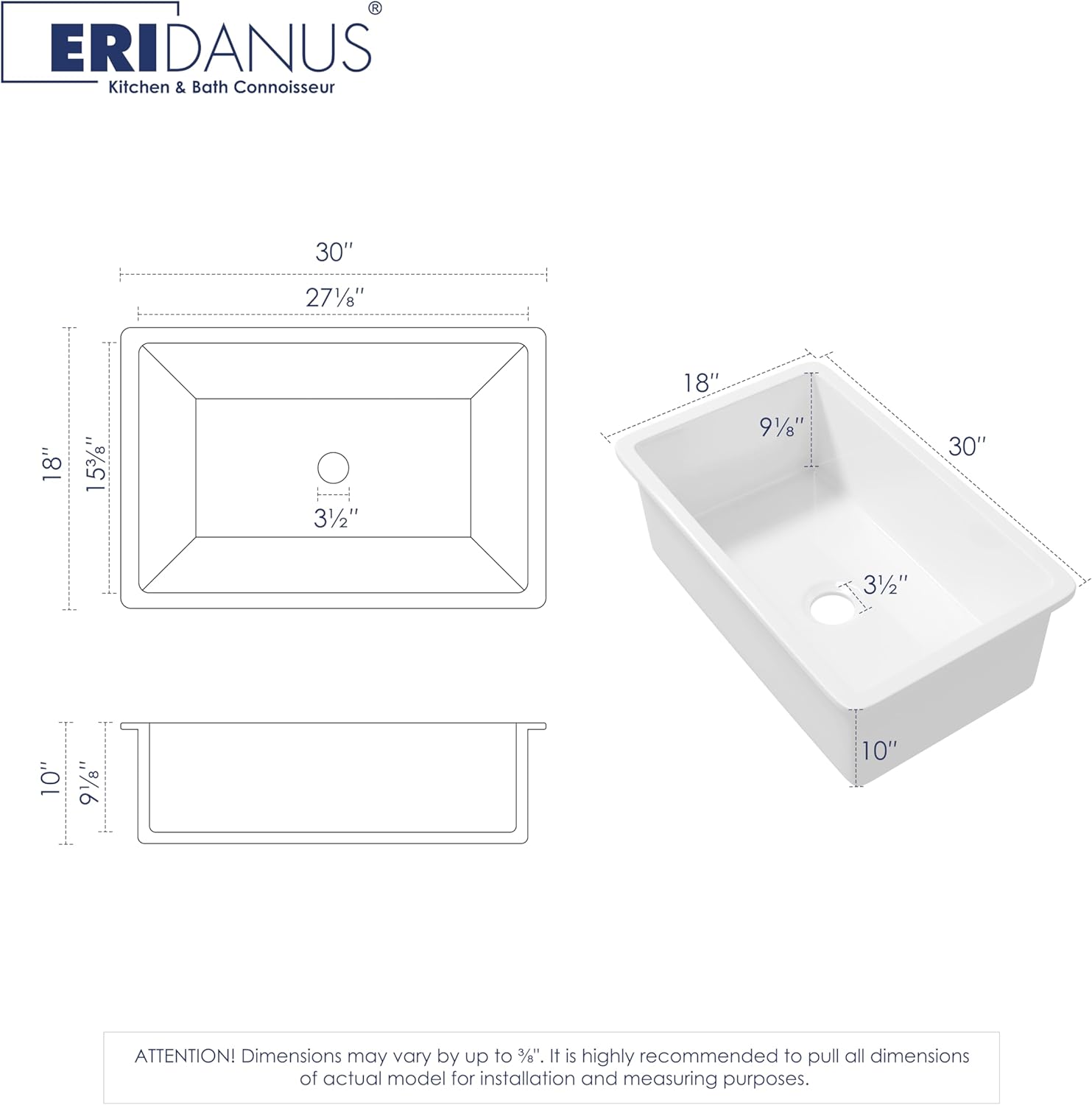 Eridanus 30" x 18" Undermount Fireclay Dual Mount Deep Single Bowl Kitchen Sink - White with Bottom Grid and Strainer Drain