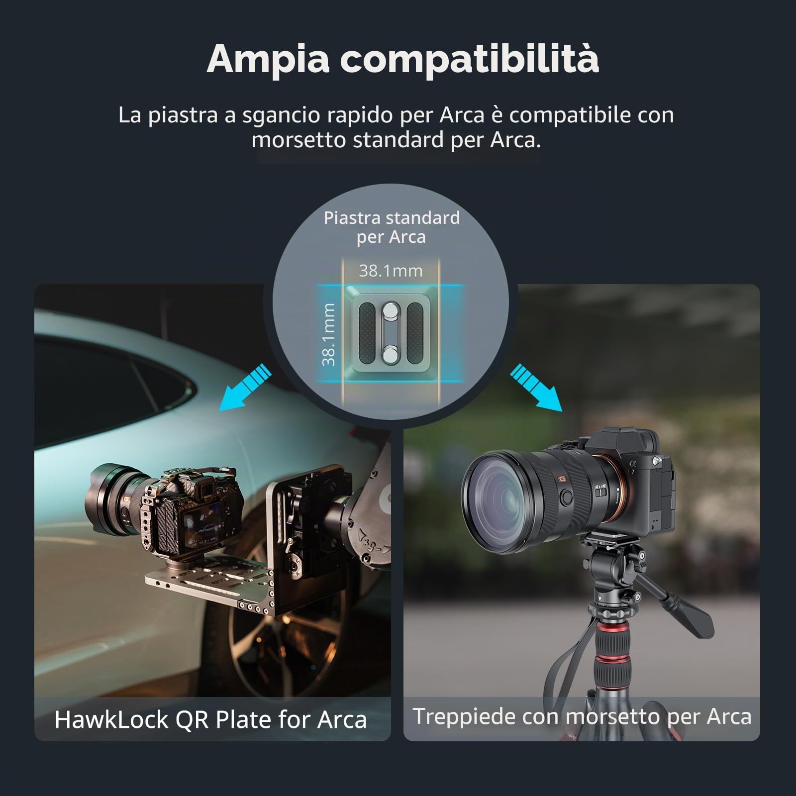 SMALLRIG Piastra di Montaggio a Sgancio Rapido per Arca-Swiss, Piastra per Fotocamera QR-Slide con Due Fori Filettati da 1/4"-20 per Manfrotto o Treppiede, HawkLock H38-4486