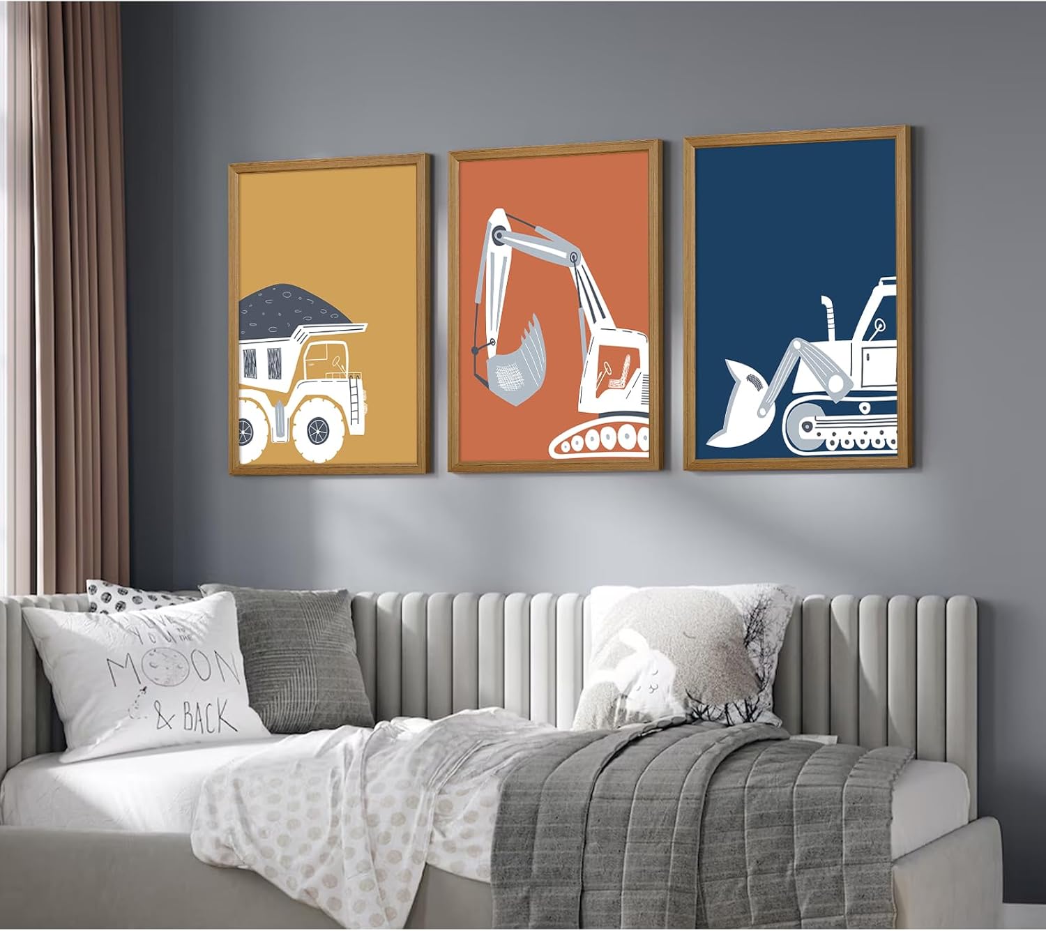 Construction Truck Nursery Wall Art Toddler Boys Room Wall Decor Kids Canvas Poster Dump Tractor Decor Construction Vehicle Prints Excavator Nursery Pictures for Bedroom 12x16 Inch Framed Set of 3