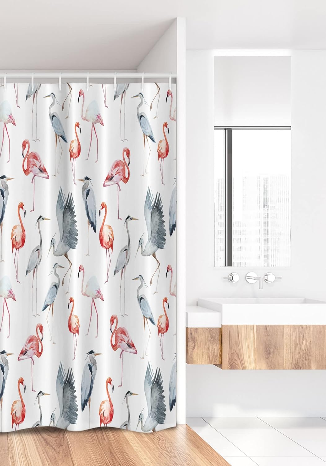 Ambesonne Flamingo Stall Shower Curtain, Watercolor Style Effect Abstract Art Flamingo and Heron Birds Pattern, Fabric Bathroom Decor Set with Hooks, 36" W x 72" L, Vermilion Blue