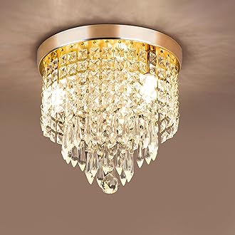 Modern Crystal Chandelier Ceiling Lighting, K9 Ceiling Chandeliers Lights, φ250mm 3 Tiers Crystal Raindrop Beaded Shade, Flush Mount Ceiling Light for Dining Room Bedroom Livingroom Hallway (Gold)