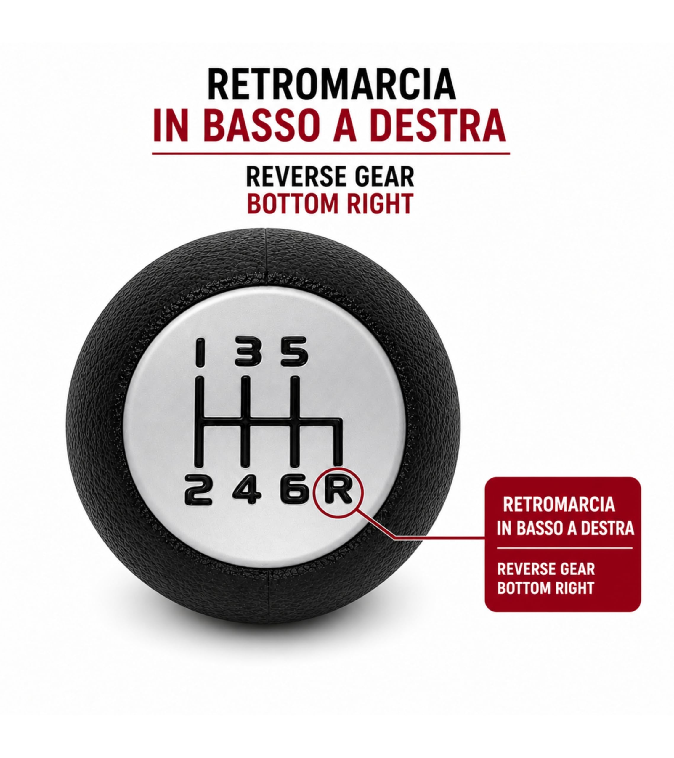 1neiSmartech Pomello Leva Cambio 6 Marce Compatibile con Fiat Sedici (189 FY) 2006-2014 Filettato in Metallo, Retromarcia Basso Destra, Nero con Lente Opaca Grigio Argento
