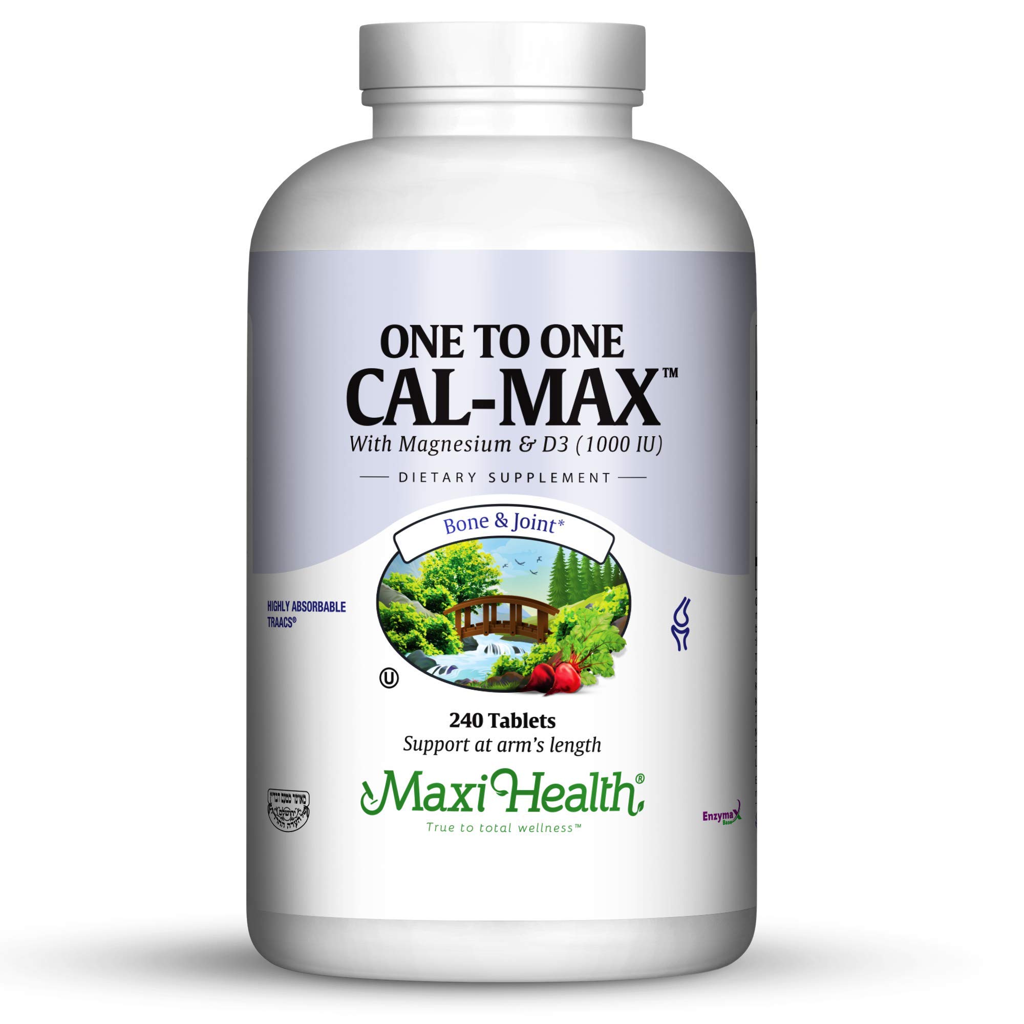 Maxi Health 500 mg Calcium Supplement with Vitamin D3 (1000 IU) and Magnesium (500 mg) - Bone, Teeth and Joint Support for Men and Women - 240 Tablets - One to One Cal-Max