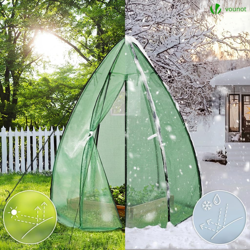 Comparison image showing the greenhouse protecting plants in both summer and winter conditions.