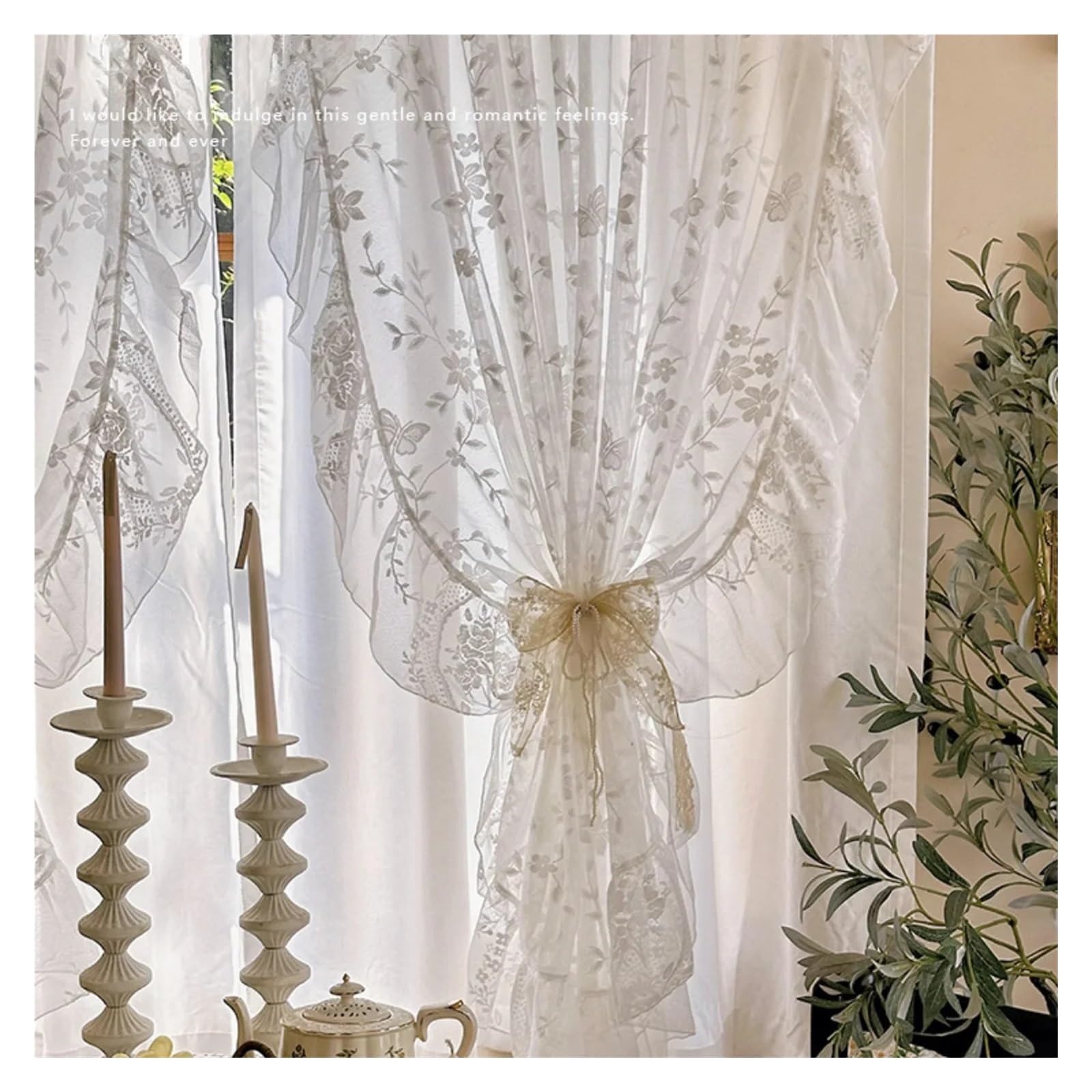 DFGRGRV Ruffle Curtains Ruffle Sheer Curtains White Butterfly Flowers Lace Voile Window Drapes for Bedroom Cafe Living Room Kitchen(W140xH240CM-1PC)