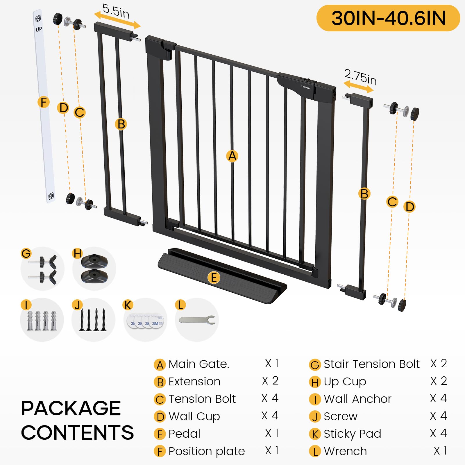 Cumbor 30-40.6 in Baby Gate for Stairs and Doorways, Dog Gate Indoor Black — Amazon image 9