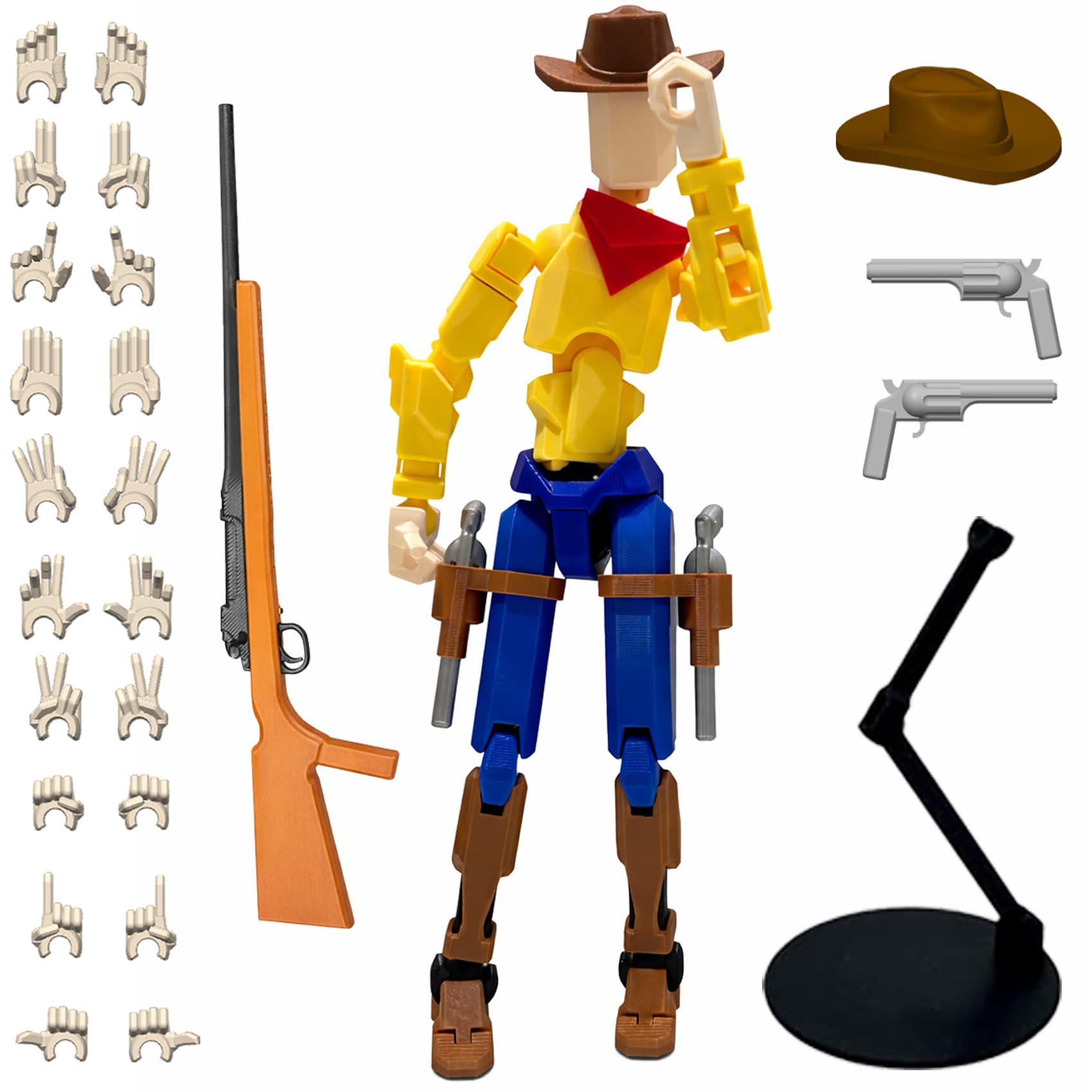 GENÉRICO Figurka akcji 13 XL Dummy Cowboy XL 30 cm Titan 13 przegubowa lalka zachodnia - szeryf Dummi - strzelec, westernowy bohater z 22 rękami, karabin, 2 pistolety, kapelusz i baza wystawowa