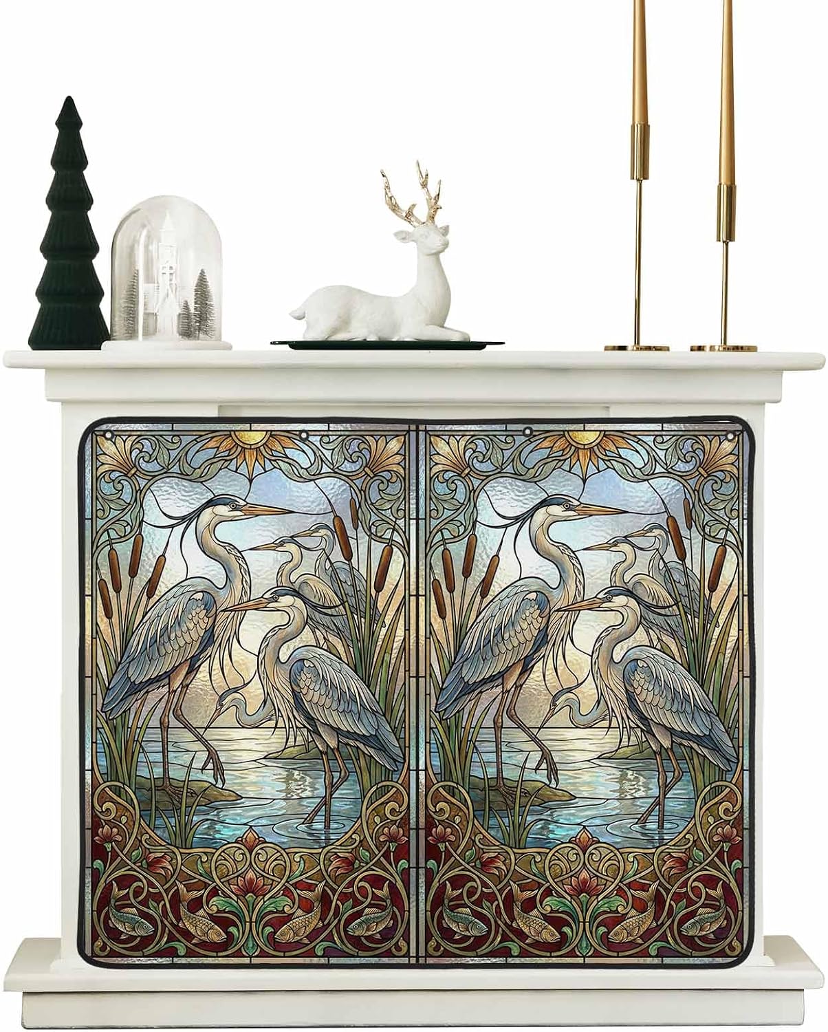 Vintage Cranes Magnetic Fireplace Cover, Fireplace Draft Blocker, Country Retro Chic Glass Flower Textured Fireplaces Blanket for Heat Loss/Cold Air, Fireplaces Draft Stopper Cover for Inside 36"x30"