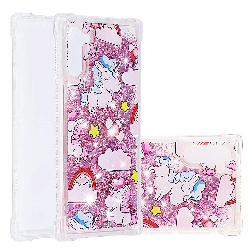 LEECOCO Case for Galaxy Note 10 Bling Glitter Liquid Sparkle Floating Crystal Printing Flower TPU Silicone Rubber Bumper Shockproof Protective Cover for Samsung Galaxy Note 10 YB-LS Rainbow Unicorn