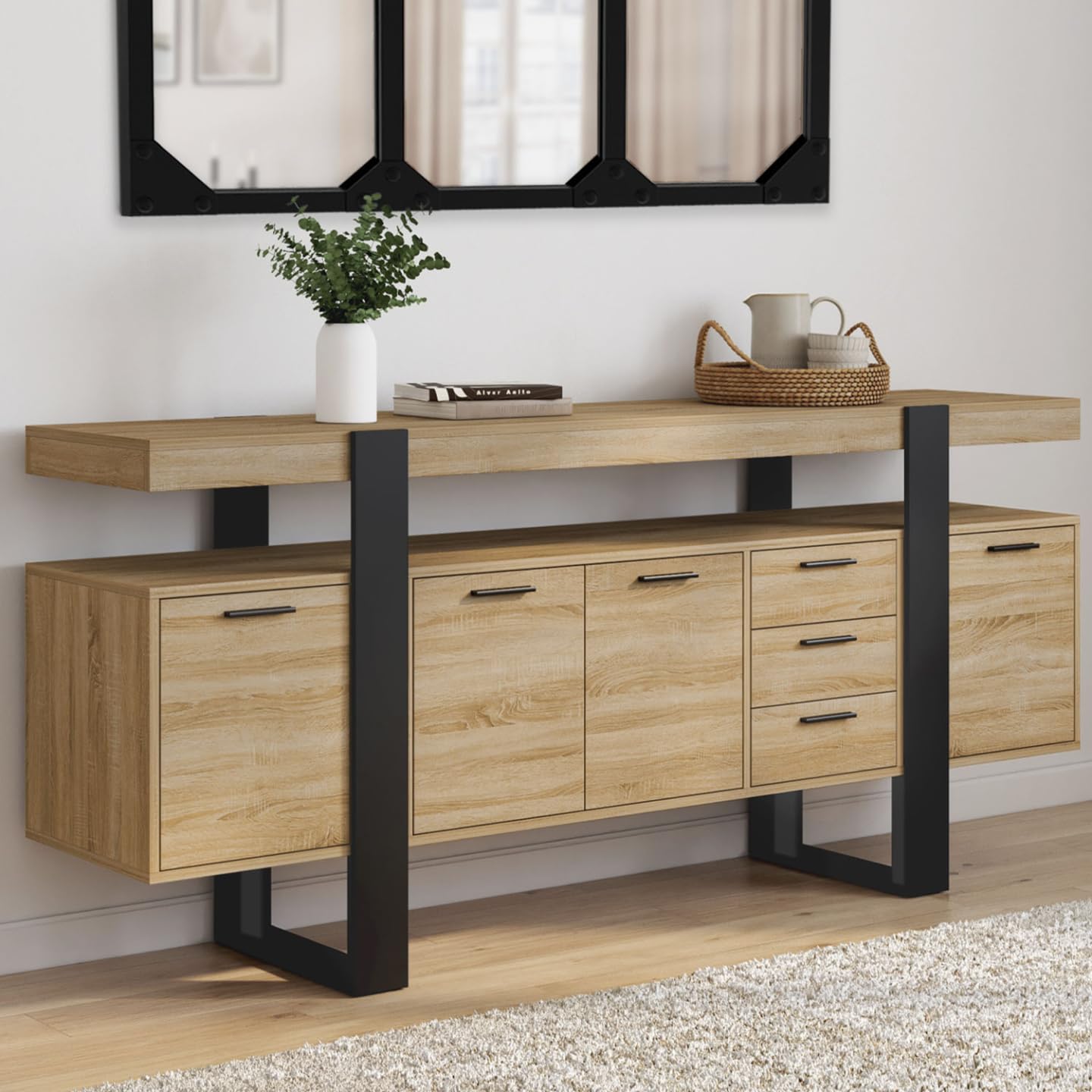 IDMarket - Buffet 180 cm Phoenix XXL 4 Portes et 3 tiroirs Bois et Noir