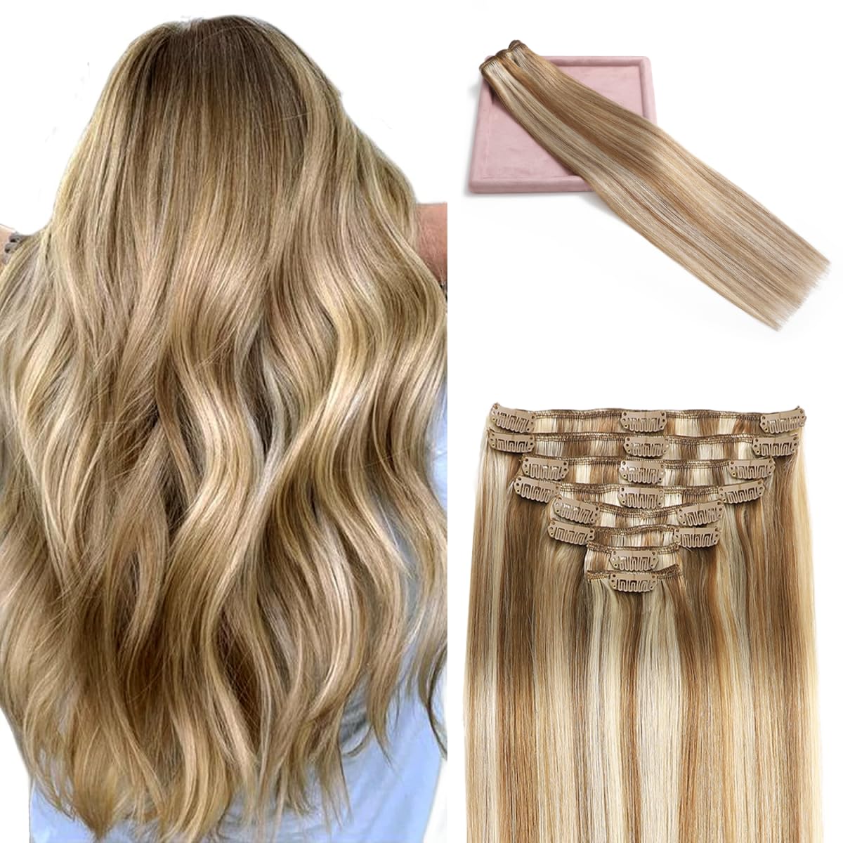POGINJA Clip in Hair Extensions Real Human Hair, Remy Human Hair Extensions Clip ins for Women, 100% Natural Human Hair, Double Weftm, 14inch 80g 8Pcs, #16/22 Light Blonde to Golden Blonde