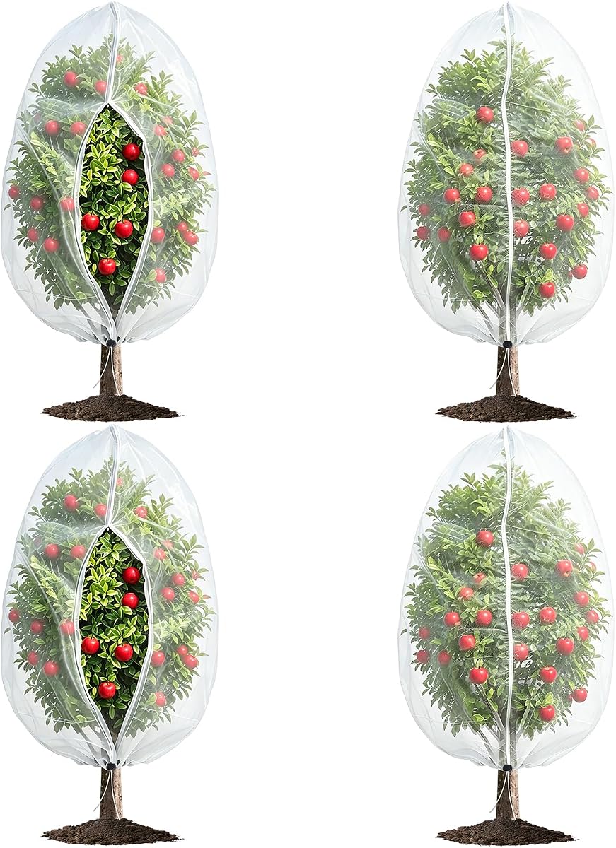 Red para pájaros para protección de jardín, paquete de 4 redes de jardín de 3,3 pies x 2,7 pies | Red reutilizable para árboles frutales, red para arándanos, malla fina con cremallera, cordón y hebilla de bloqueo, mantiene alejados a los pájaros y los insectos