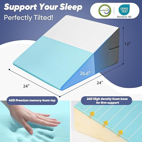 Miniatura 6 de Almohada de cuña de cama de 12 pulgadas para adultos mayores, almohada inclinada de espuma viscoelástica refrescante para dormir, leer y descansar,