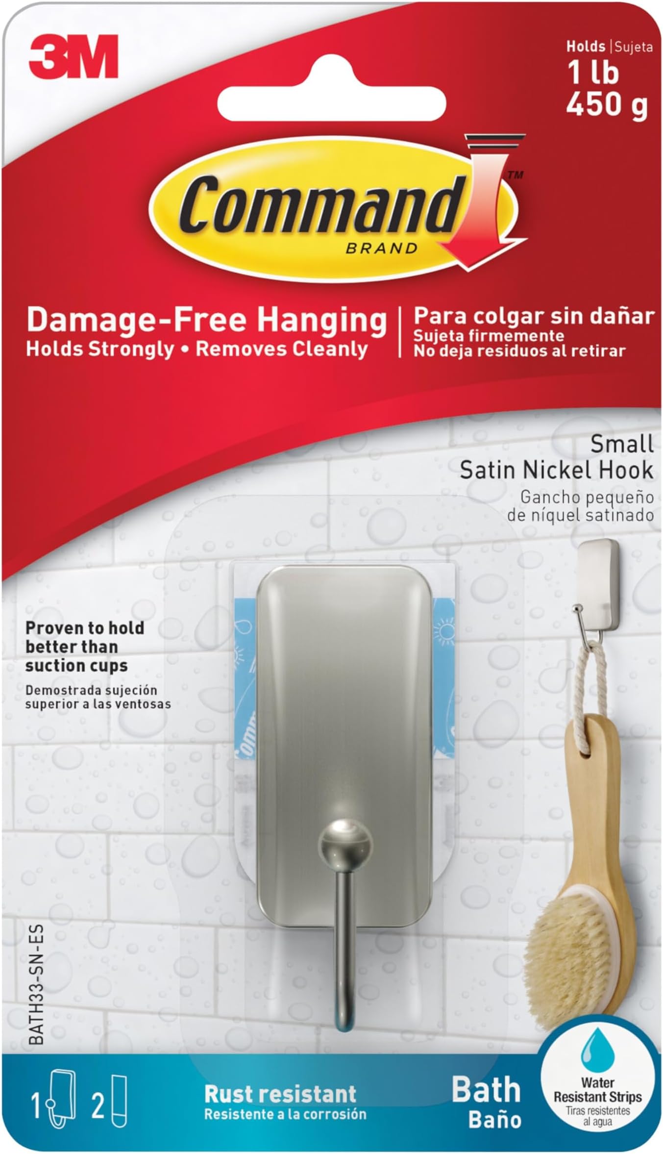 Small Bath Hook, Holds up to 1 lb, 1 Satin Nickel Shower Hook with 2 Water Resistant Strips, Damage-Free Bathroom Organization