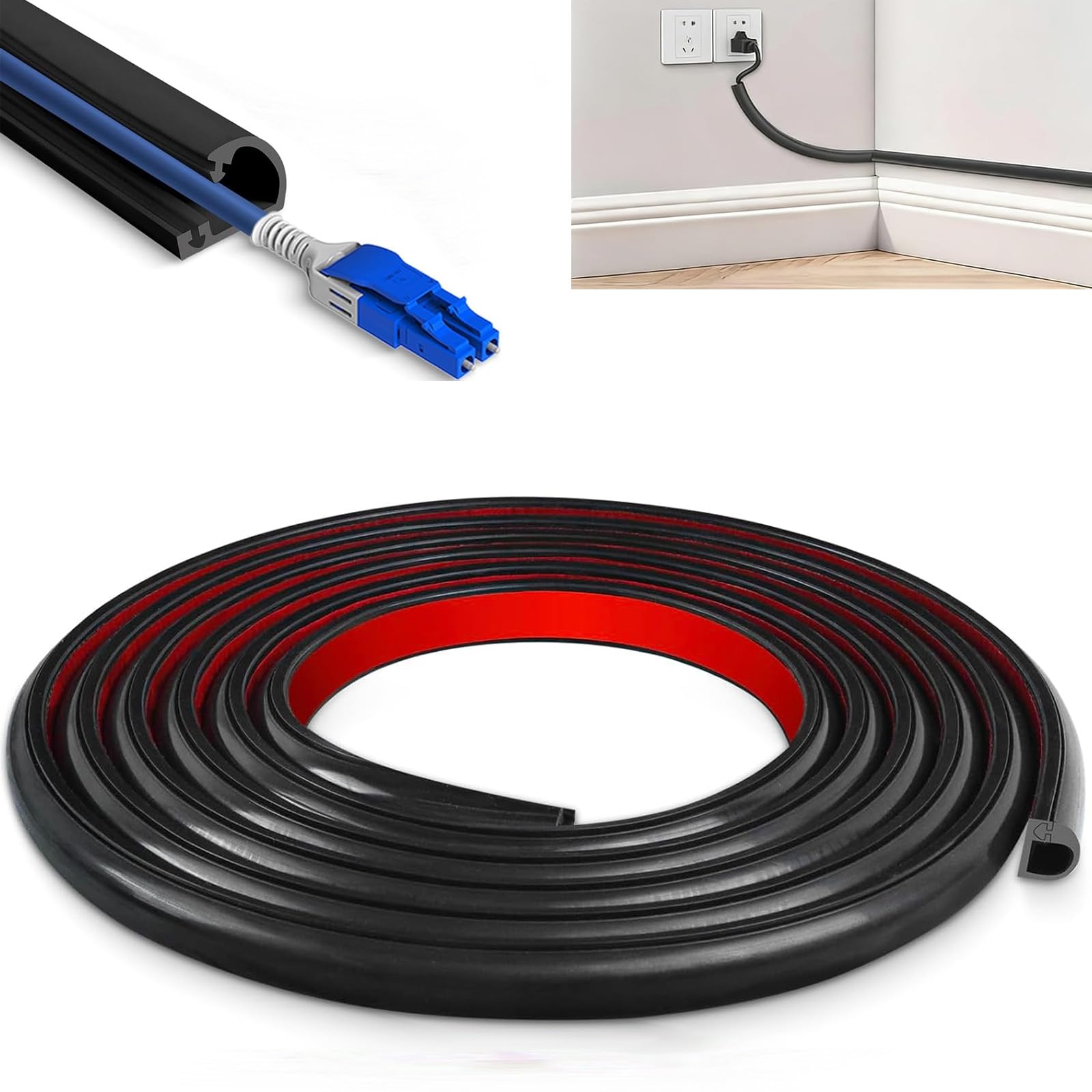 Black cable trunking Self-Adhesive Cable Channel, Side Opening Mini Trunking to Hide Wires on Wall for Home Office,15mm (W) x10mm (H) x2m Lengths