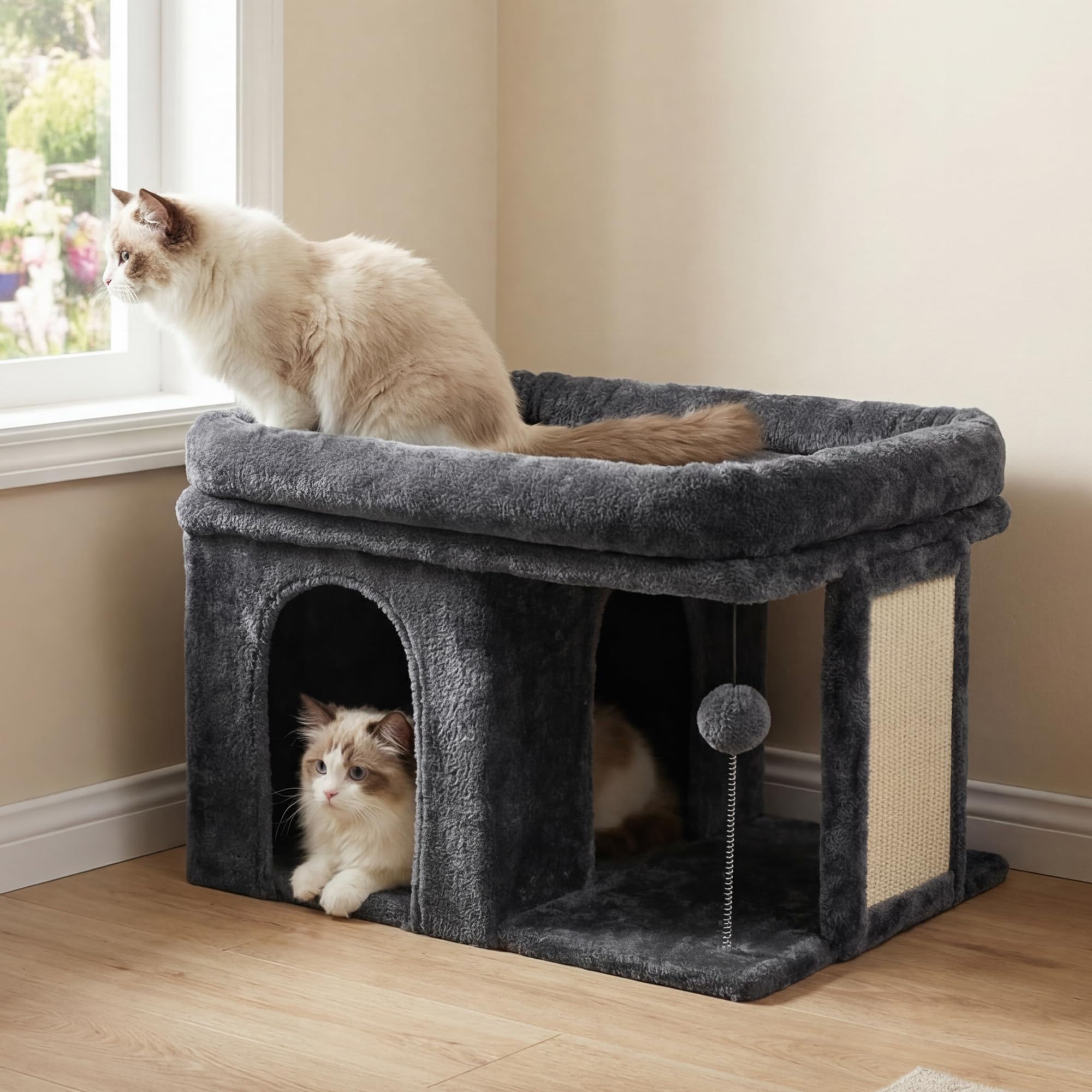 Heybly Cat Tree, 35cm Cat Tower with Large Perch Bed and Cat Condo for Indoor Cats Large Adult, Cat House with Scratching Posts and Interactive Spring Balls for Your Kittens, Smoky Gray HCT203SG