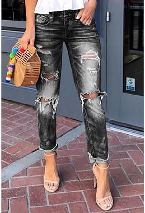 Amazon Co Jp レディースジーンズ破れた穴は女性のための薄いズボン破れたジーンズ黒を洗った 服 ファッション小物 Amazon Co Jp レディースジーンズ破れた穴は女性のための薄いズボン破れたジーンズ黒を洗った 服 ファッション小物