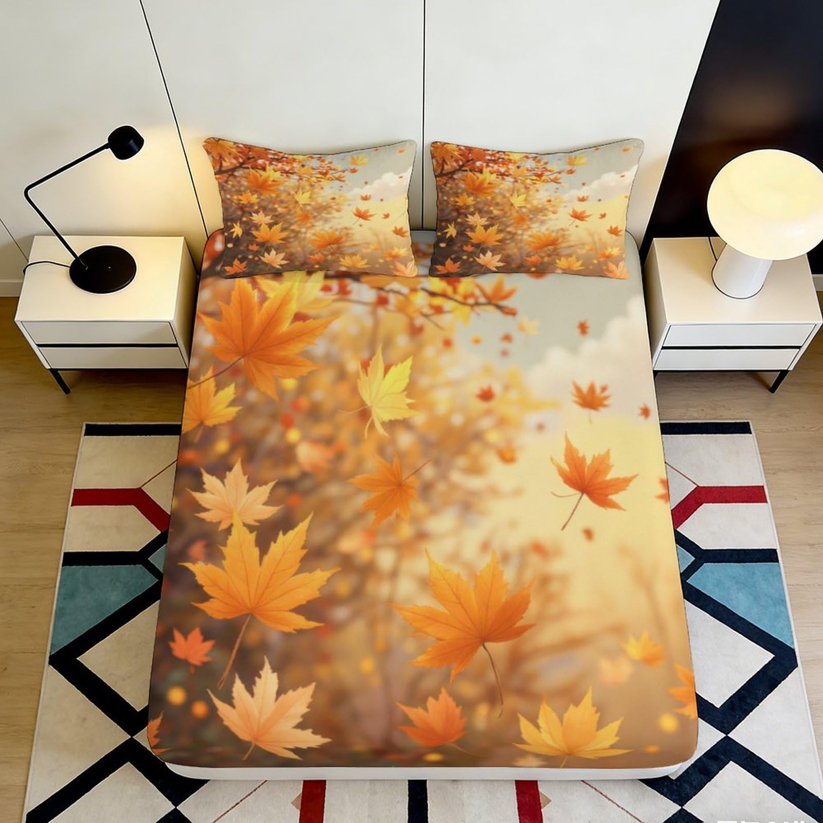 Pnayamiorkfel Style-7 3D Printed Autumn Maple Leaves Fitted Sheet Microfiber Soft Anti-Slip Bed Cover For Bedroom Guestroom Easy Care 90X200x25cm
