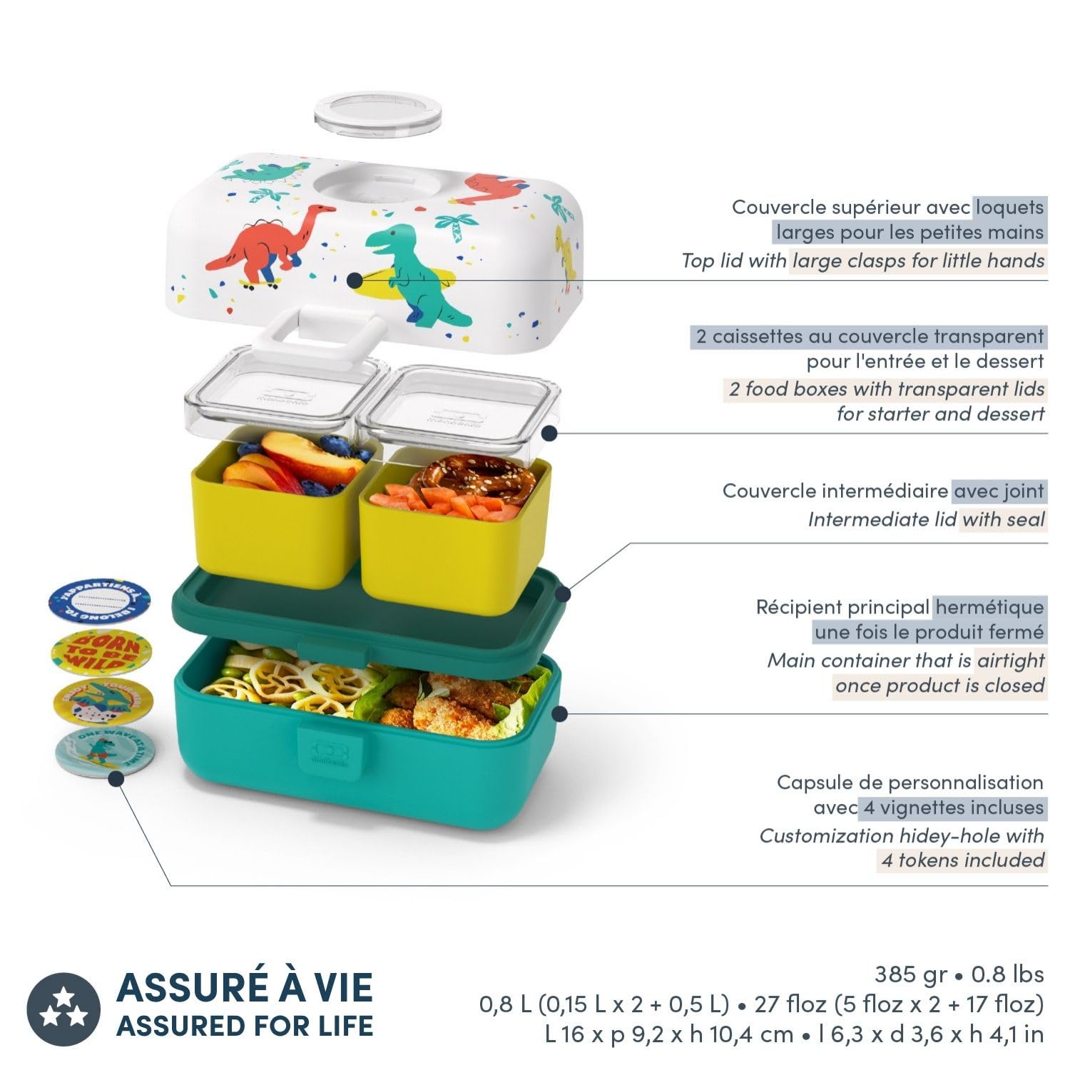 monbento - Lunch Box Bambini Tresor blu Dino - Portapranzo e Portamerenda 3 Scomparti - Ideale per Scuola/Picnic - Porta Pranzo senza BPA - Personalizzabile - Motivo Dinosauri