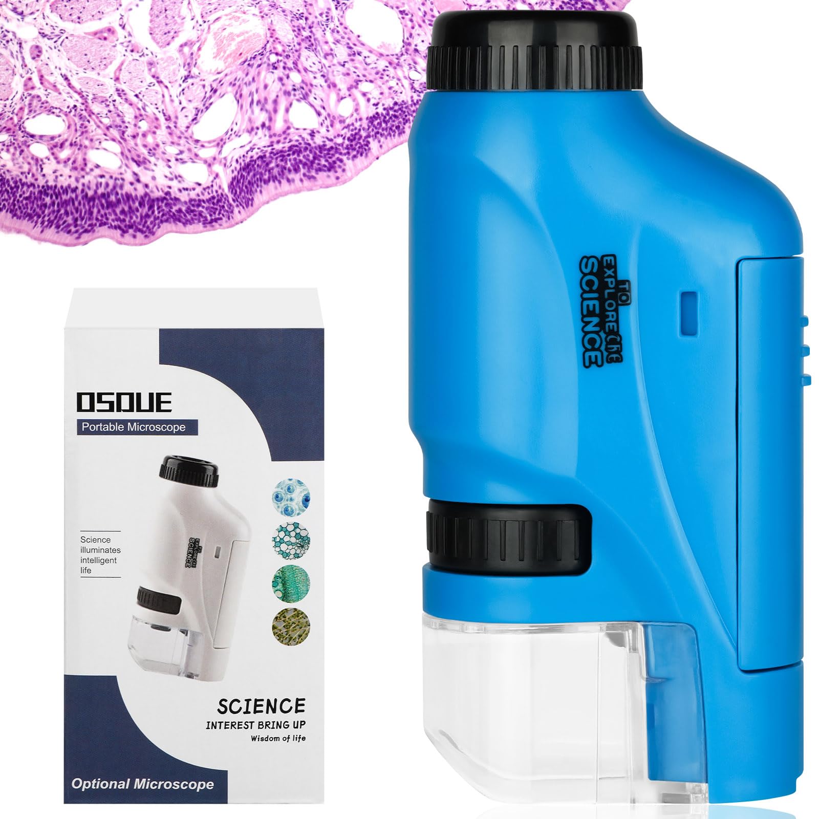 OSDUE Mikroskop Kieszonkowy dla Dzieci, Przenośny 60x-120x Mini Zoom z Podświetleniem LED, Zabawka Edukacyjna, Prezent dla Uczniów i Przedszkolaków
