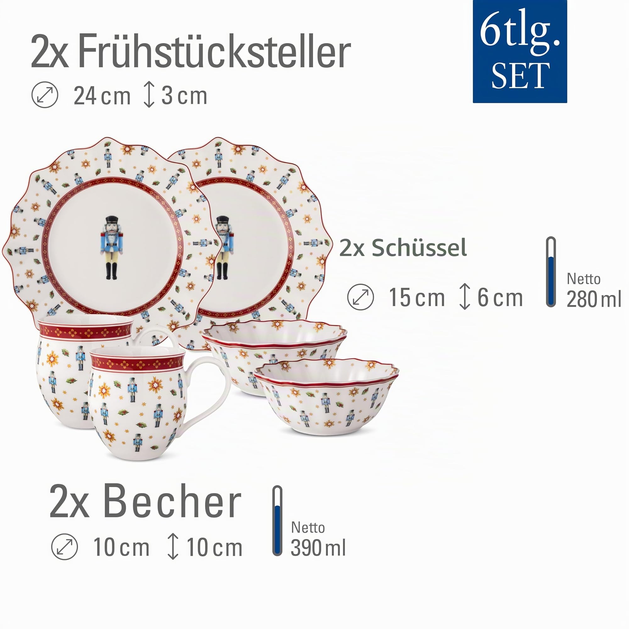 Villeroy & Boch - Toy's Delight Frühstücks-Set für 2 Nussknacker 6 teilig Bunt, Weihnachten, Geschirr Set mit Frühstückstellern, Tassen und Schüsseln, Weihnachtsgeschirr, Premium Porzellan