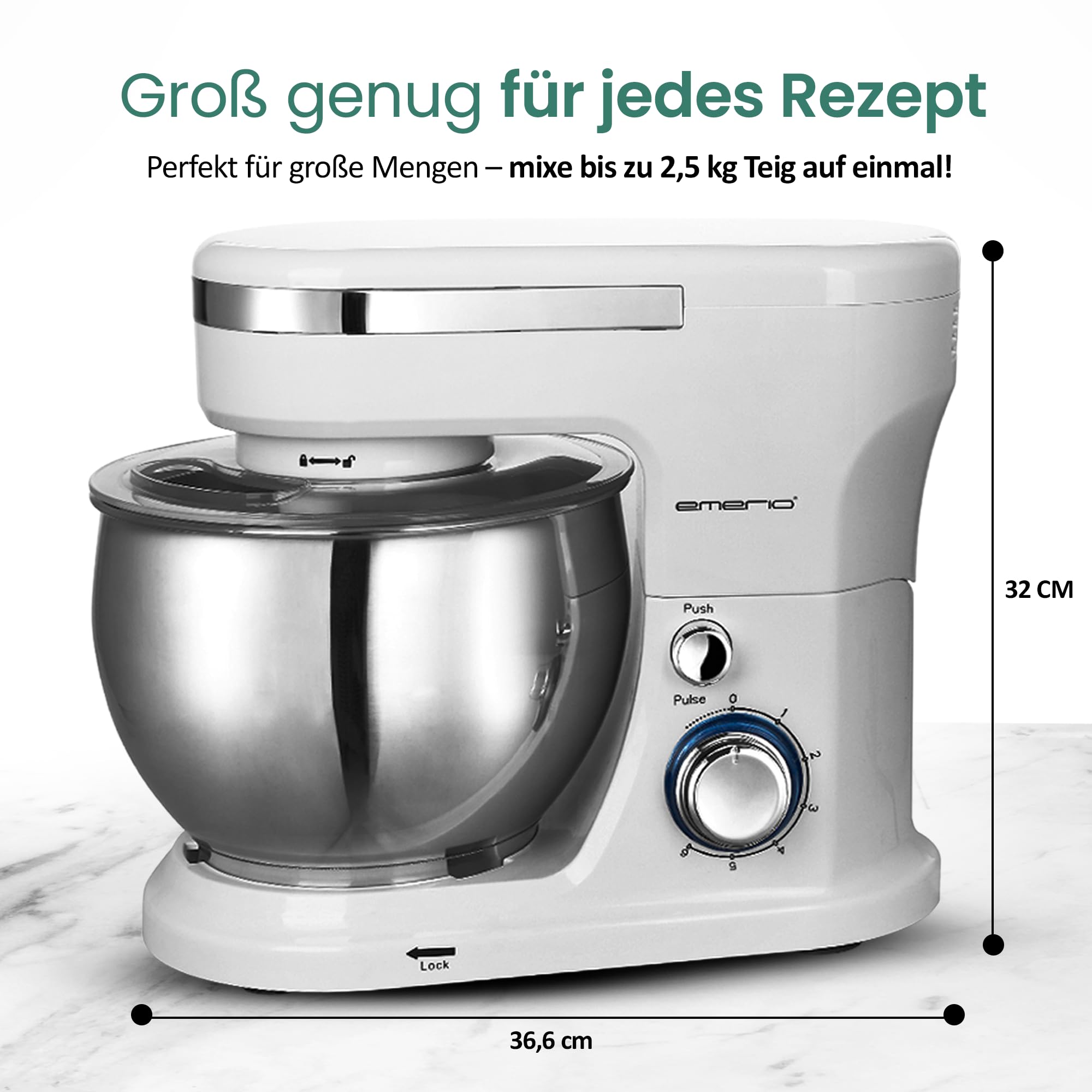 EMERIO Robot kuchenny Miska ze stali nierdzewnej o pojemności 5 l + 3 narzędzia do mieszania + osłona rozpryskowa z otworem do napełniania, moc 1000 W, 6 prędkości + Pulse Retro KM-123117