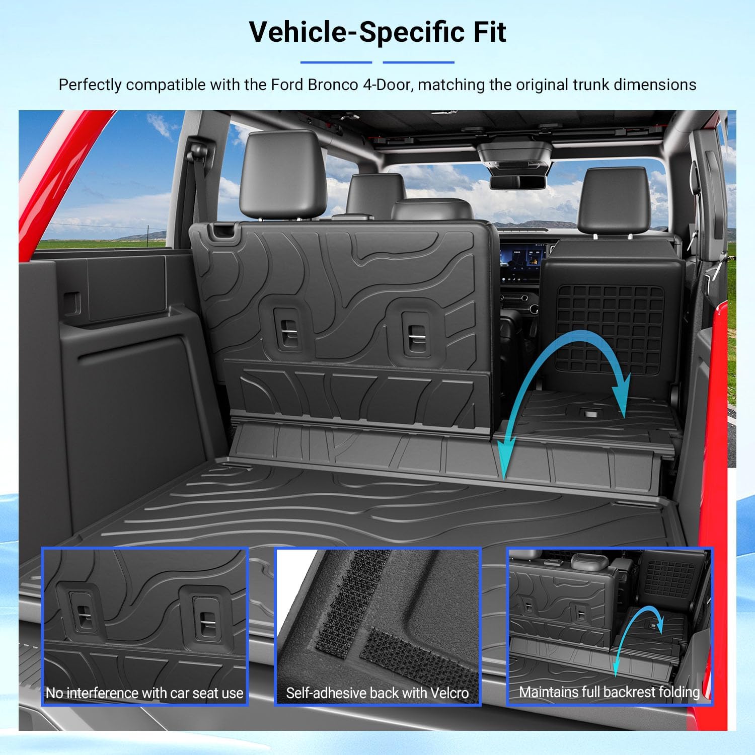 PTYYDS Cargo Mat Compatible with 2021-2026 Ford Bronco 4 Door Cargo Liner TPE Trunk Mat Backrest Trunk Liner Replacement for 2021-2026 Ford Bronco Accessories