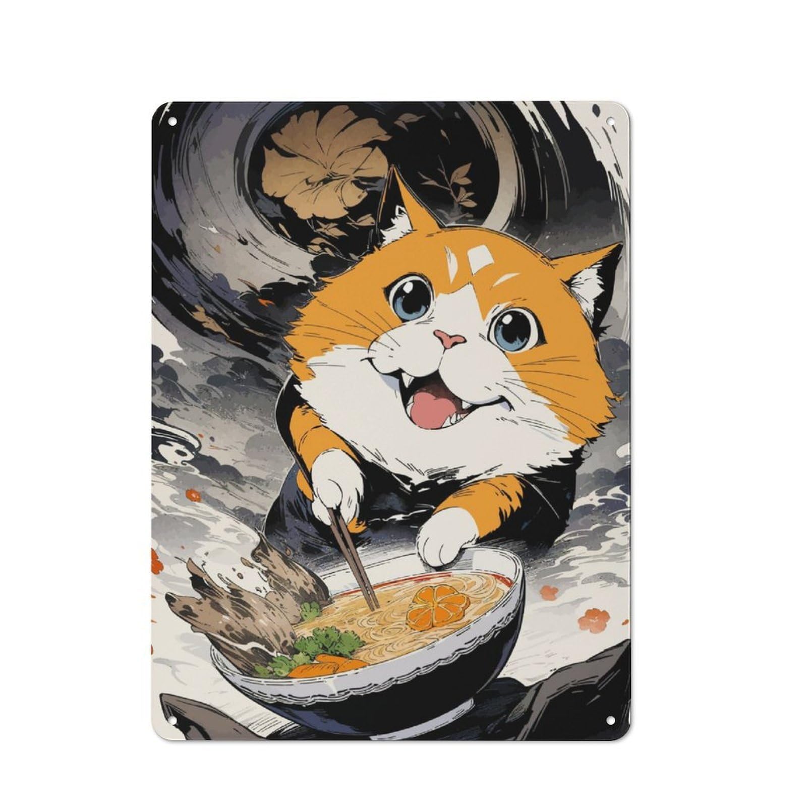 Junmoney Cat And Noodle Ramen Metal Plaque 40X30cm With For Workshop Wall, Retro Decor, A New Home Gift For Collectors Of Metal Signs