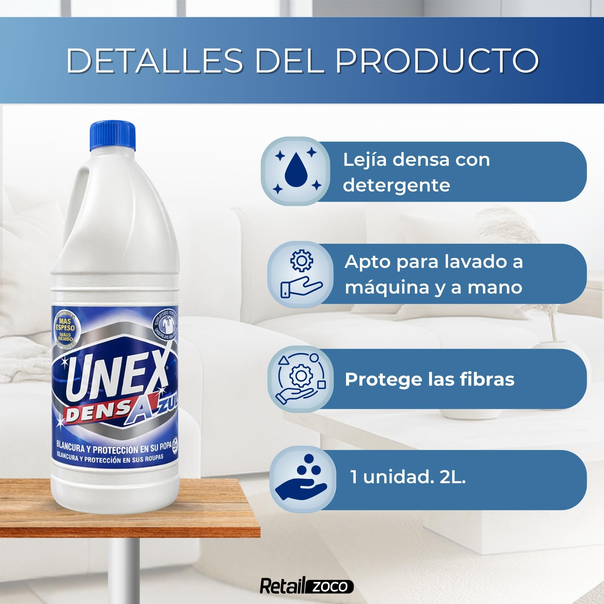 Lejía Densa Azul, ideal para blanquear y desodorizar ropa y superficies del hogar como suelos, azulejos, baños y cocinas, evitando salpicaduras y desinfectando a fondo, Contiene 1 botella de 2 Litros