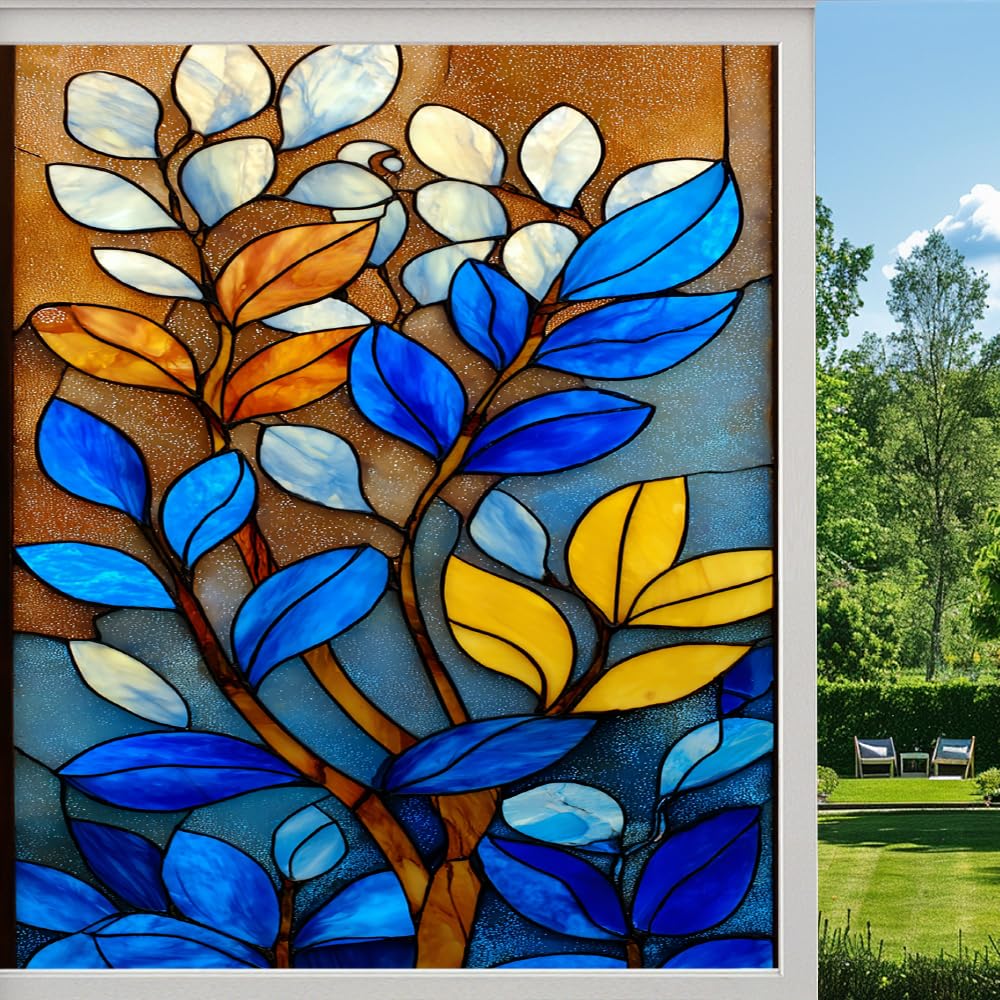 Pmlbaous Colorful Leaves Stained Glass Window Film, Natural Leaf Texture Peel And Stick Privacy Film, Frosted Adhesive Vinyl Decorative For Bathroom Windows Glass Doors, （80X120cm）