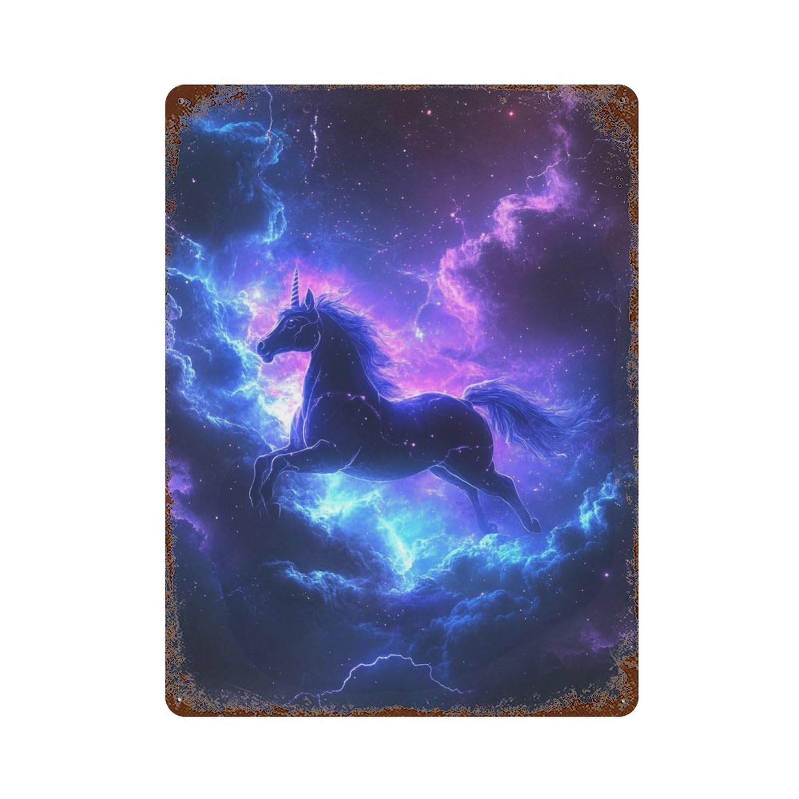 Galactic Unicorn Art Print Rust Effect Tin Sign 15.7"x11.8", Industrial Home Decor for Basement, Hobby Room And Garage Decor