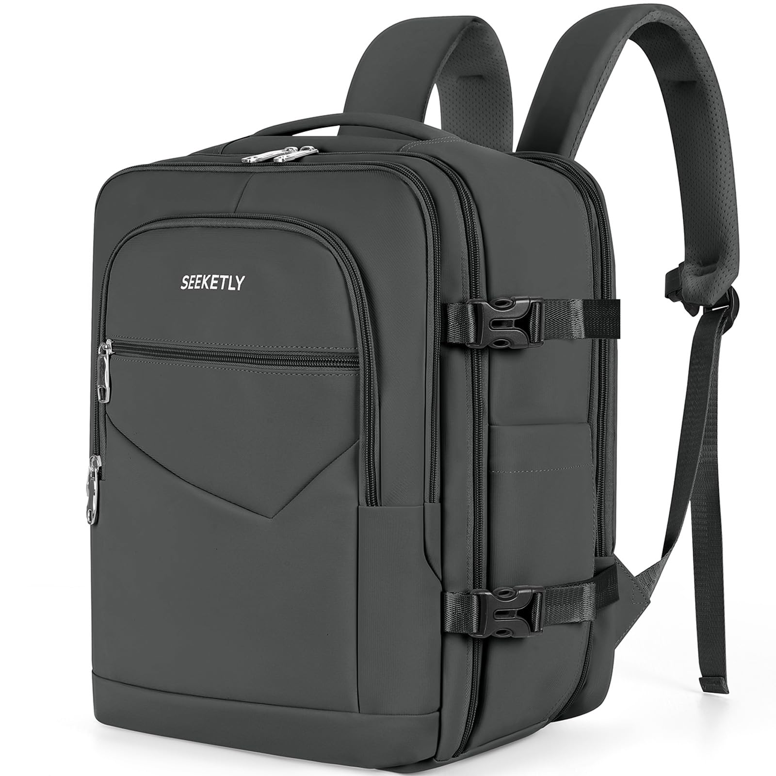 SEEKETLY Handgepäck Rucksack Flugzeug 40x30x20 Erweiterbar bis 40x30x25 für Ryanair, Eurowings, Transavia, Wizz Air, Vueling 24L-30L, Reiserucksack für 15,6 Zoll Laptops Schwarz