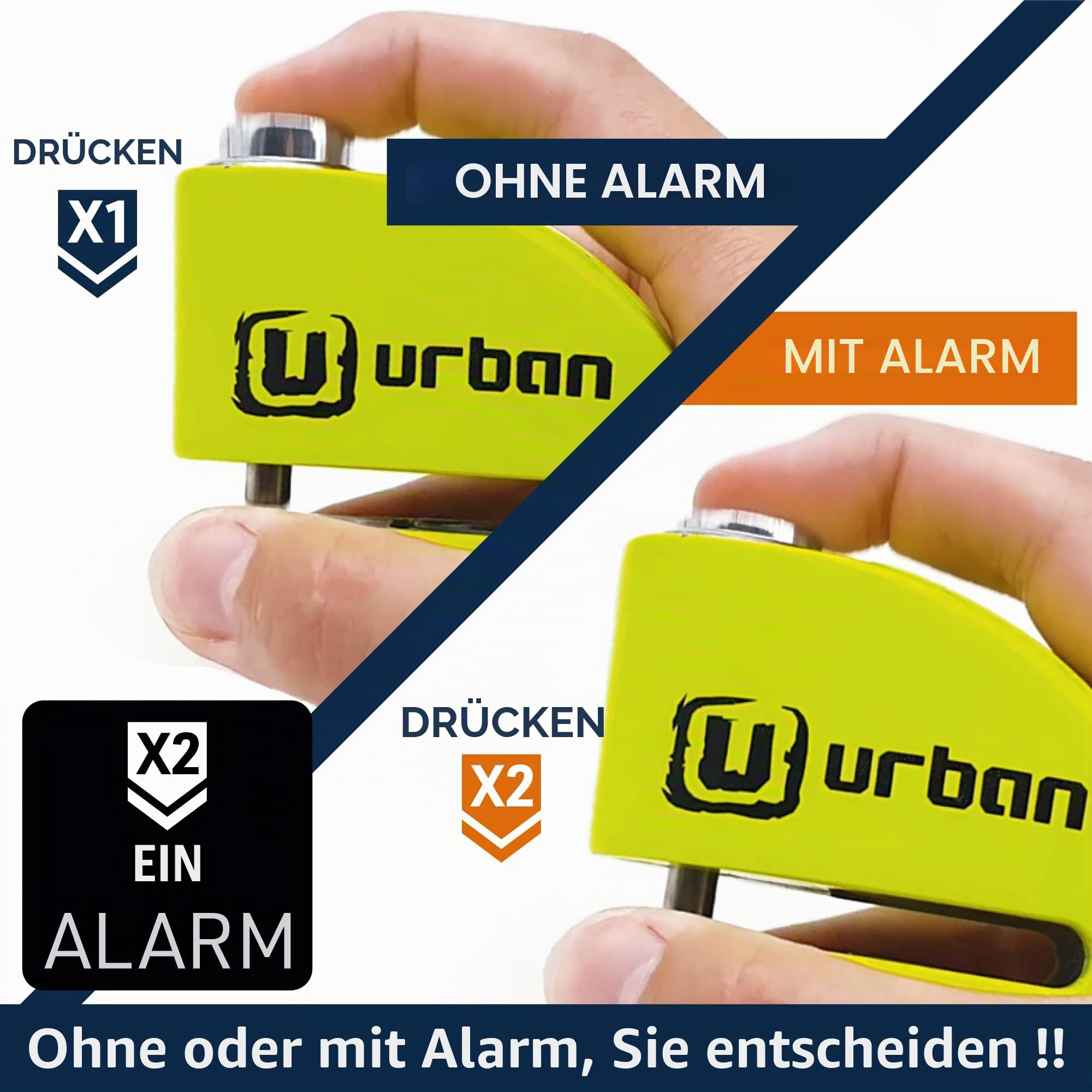 URBAN UR906X Bremsscheibenschloss Alarm 120dB ON/OFF Optionale Aktivierung, Austauschbares Modul, Langlebige Batterie, Erinnerungskabel, Sehr Sichtbar, Universal Diebstahlsicherung Motorrad Roller