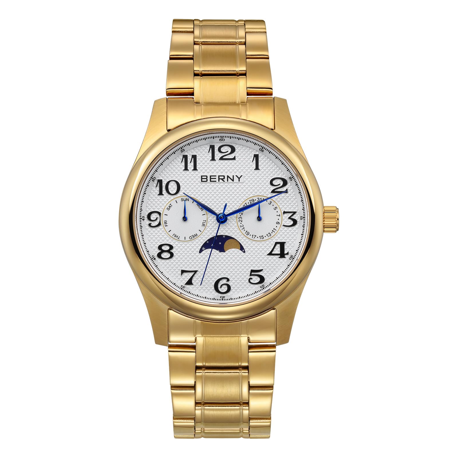 BERNY Orologio da uomo in oro con fasi lunari, orologio da polso al quarzo, multifunzione, facile da leggere, quadrante con numeri arabi, quadrante analogico, cassa in acciaio inox, sub-dail con data