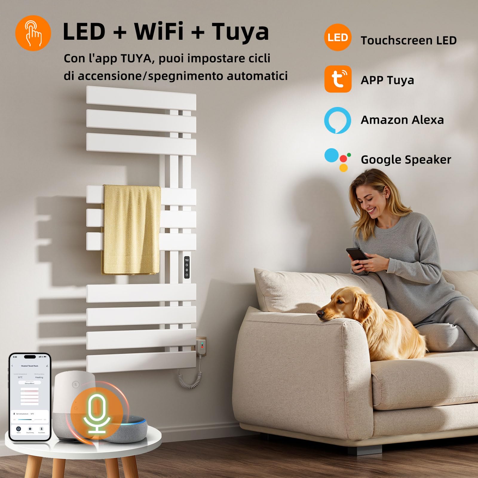 Scaldasalviette Elettrico, Termostato WiFi Smart Scaldasalviette, per Alexa e Google Home e APP, 500x1100 mm, Portasciugamani elettrico, Scaldasalviette Elettrico Bagno Basso Consumo-WIFI White Right