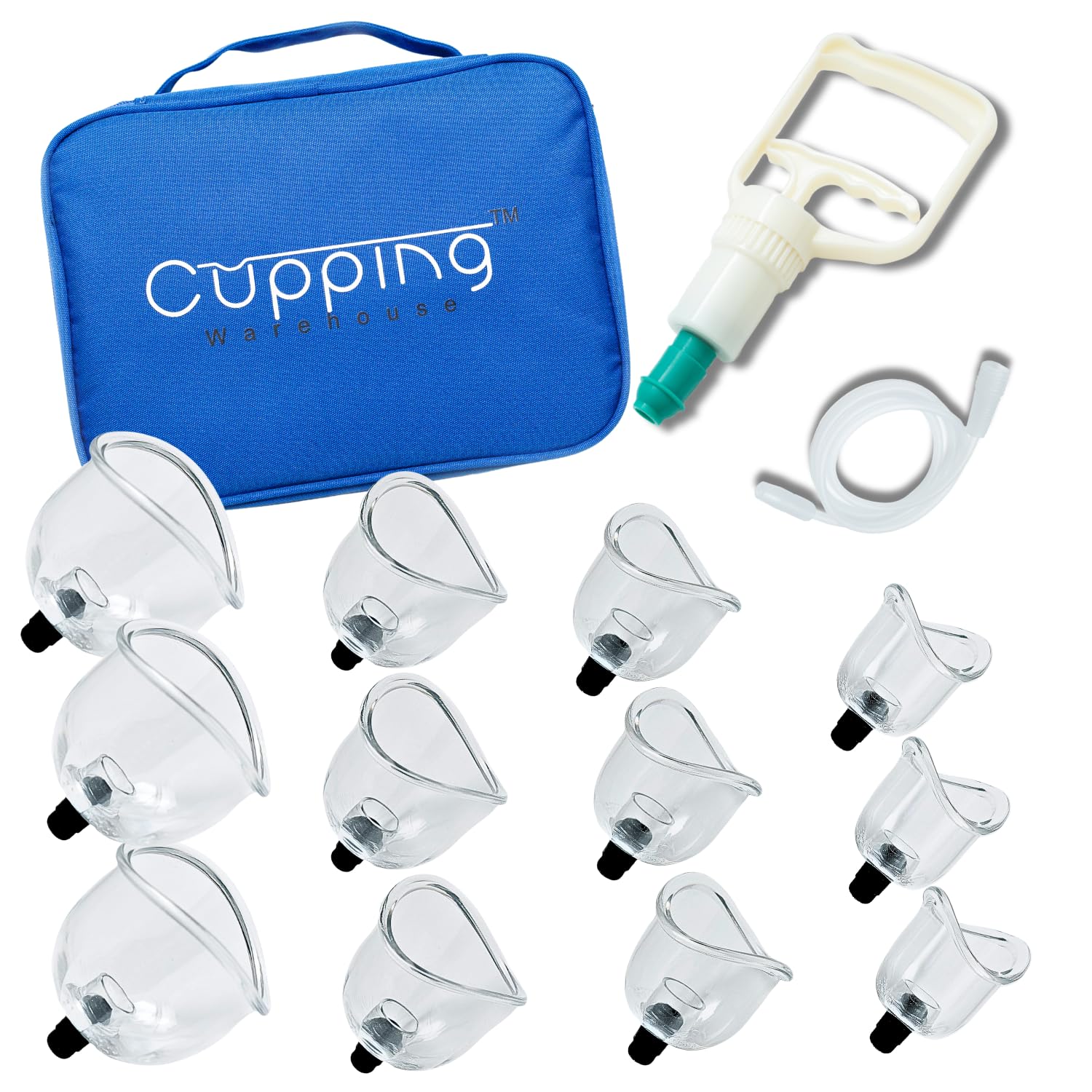 Curve Poly Cups™ 12 Cup Cupping Kit for Massage Therapy- Physical Therapy Cupping Set- 4 Sizes Curved Myofascial-Back Massage with Pump and Extension Hose/Tube (12CUPS-(3) B1C,(3) B2C,(3) B3C,(3) B4C