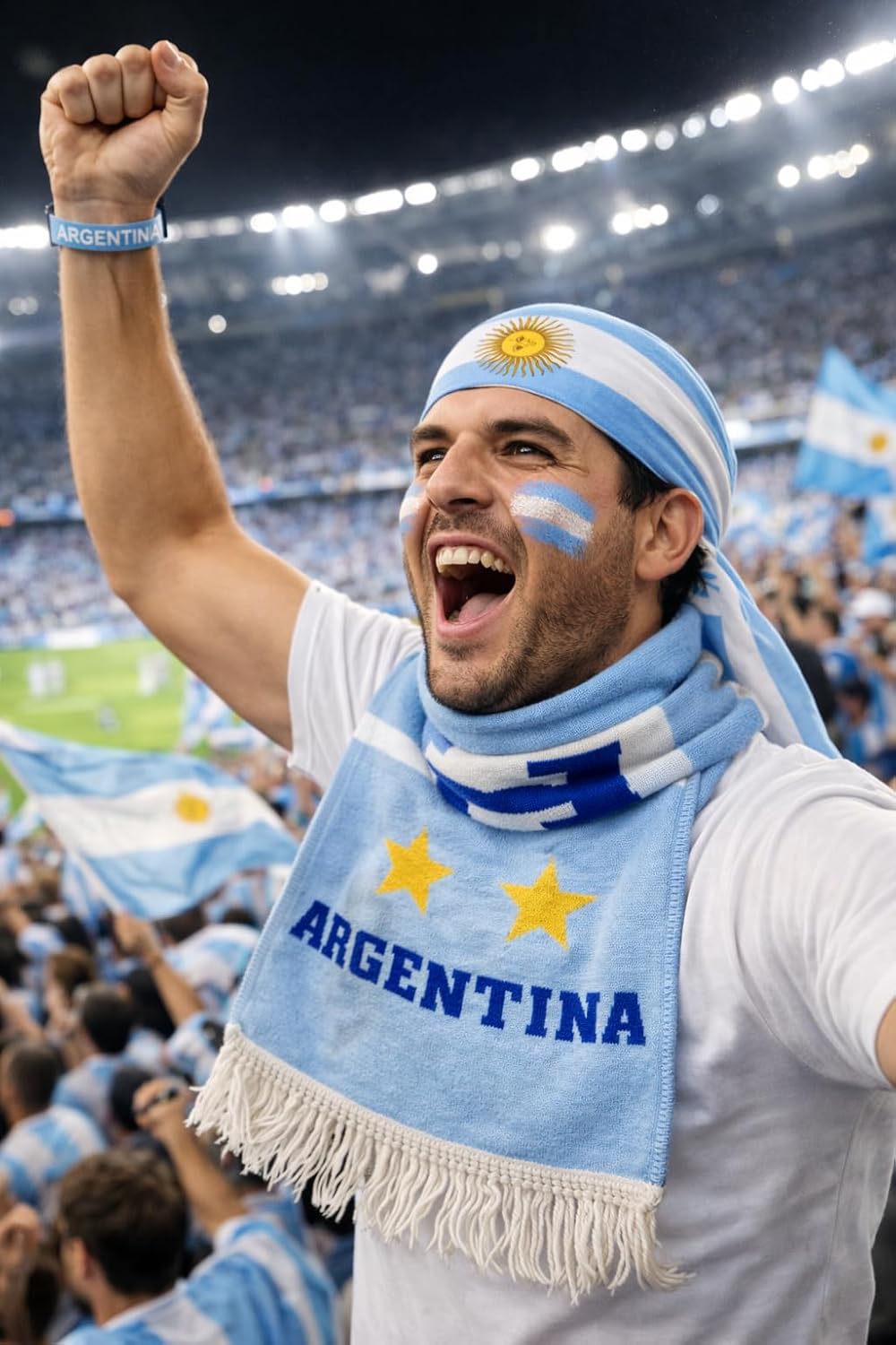 SIFRIMANIA Argentina Soccer Fan Kit Classic 2-Star Scarf Bandana Bracelet Face Paint 3 Pcs Set for Stadium Watch Party
