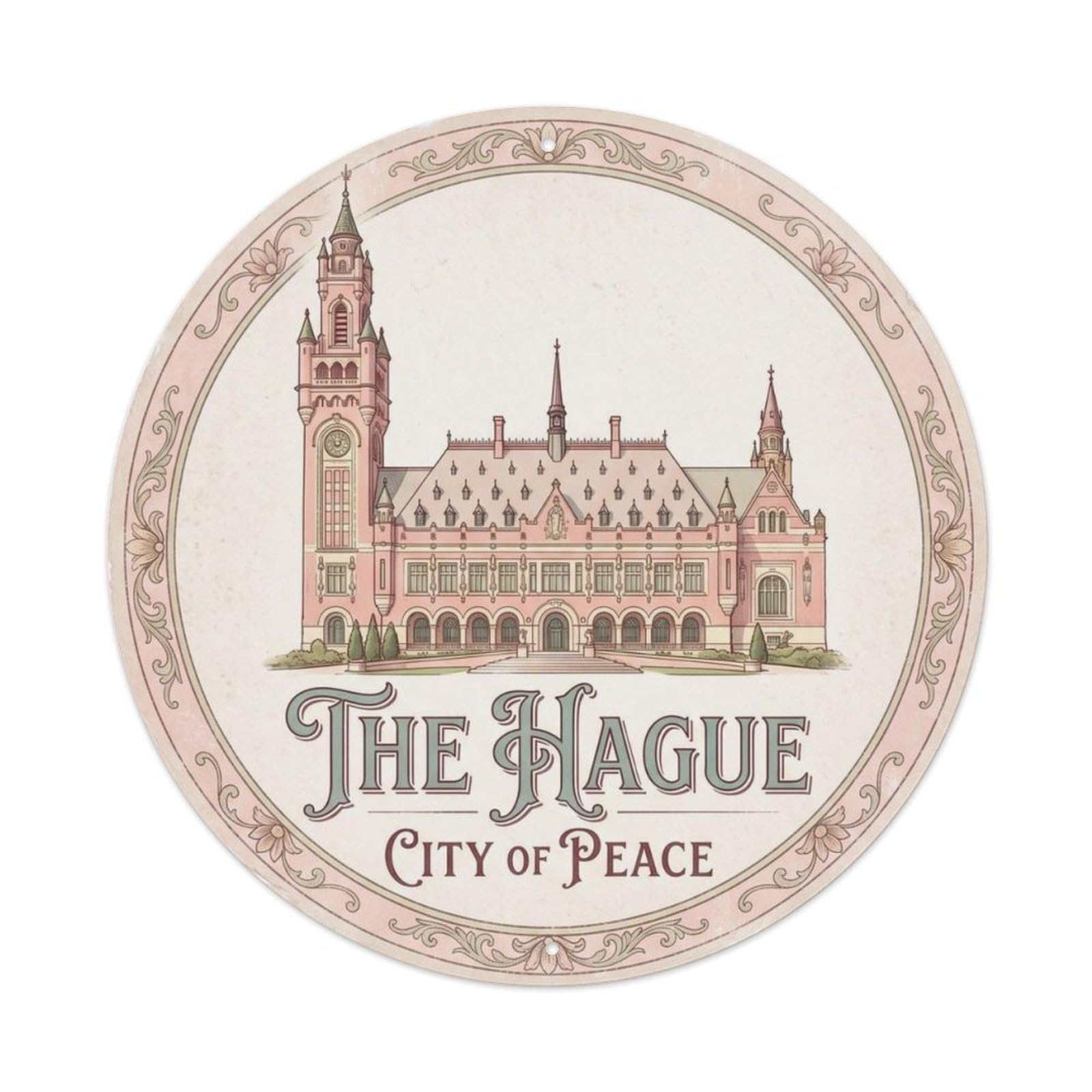 Vintage Travel Peace Palace Hague Metal Tin Sign Plaque Wall Decor for Cafe, Club Bar, Office, Home Garden Round Metal Poster 8x8Inch