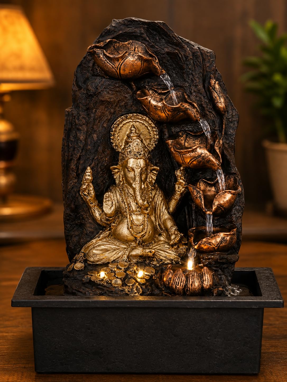 CHRONIKLE Polyresin Golden Brown Ganesha Idol Table Top 5 Artistic Step Water Fountain for Home Decor with Speed Controller Pump & Yellow LED Lights (Size: 38 x 29.5 x 22 CM | Weight: 2000 Gram)-image-21